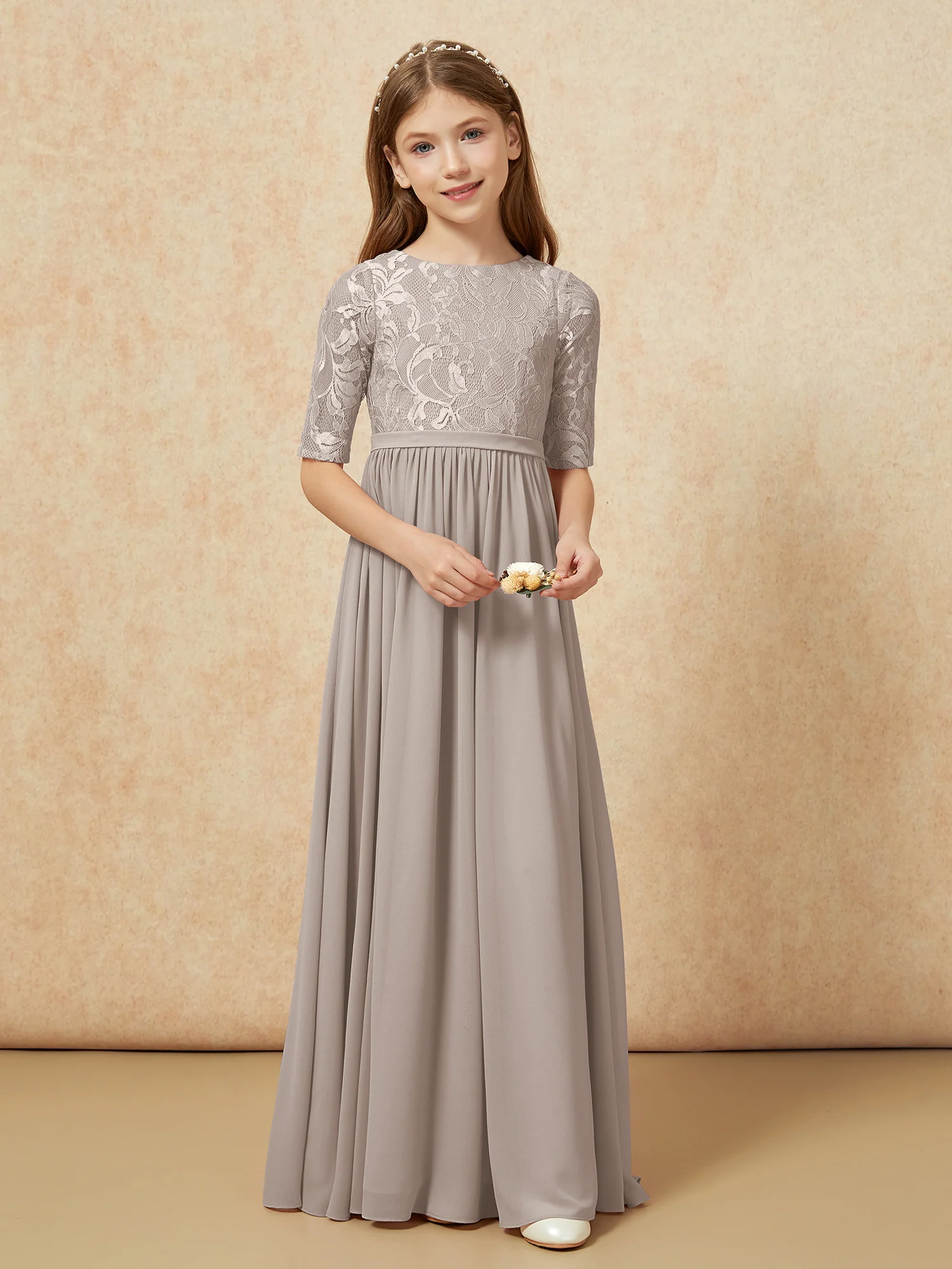Half Sleeve Lace Top Chiffon Junior Bridesmaid Dresses Taupe - Image 4