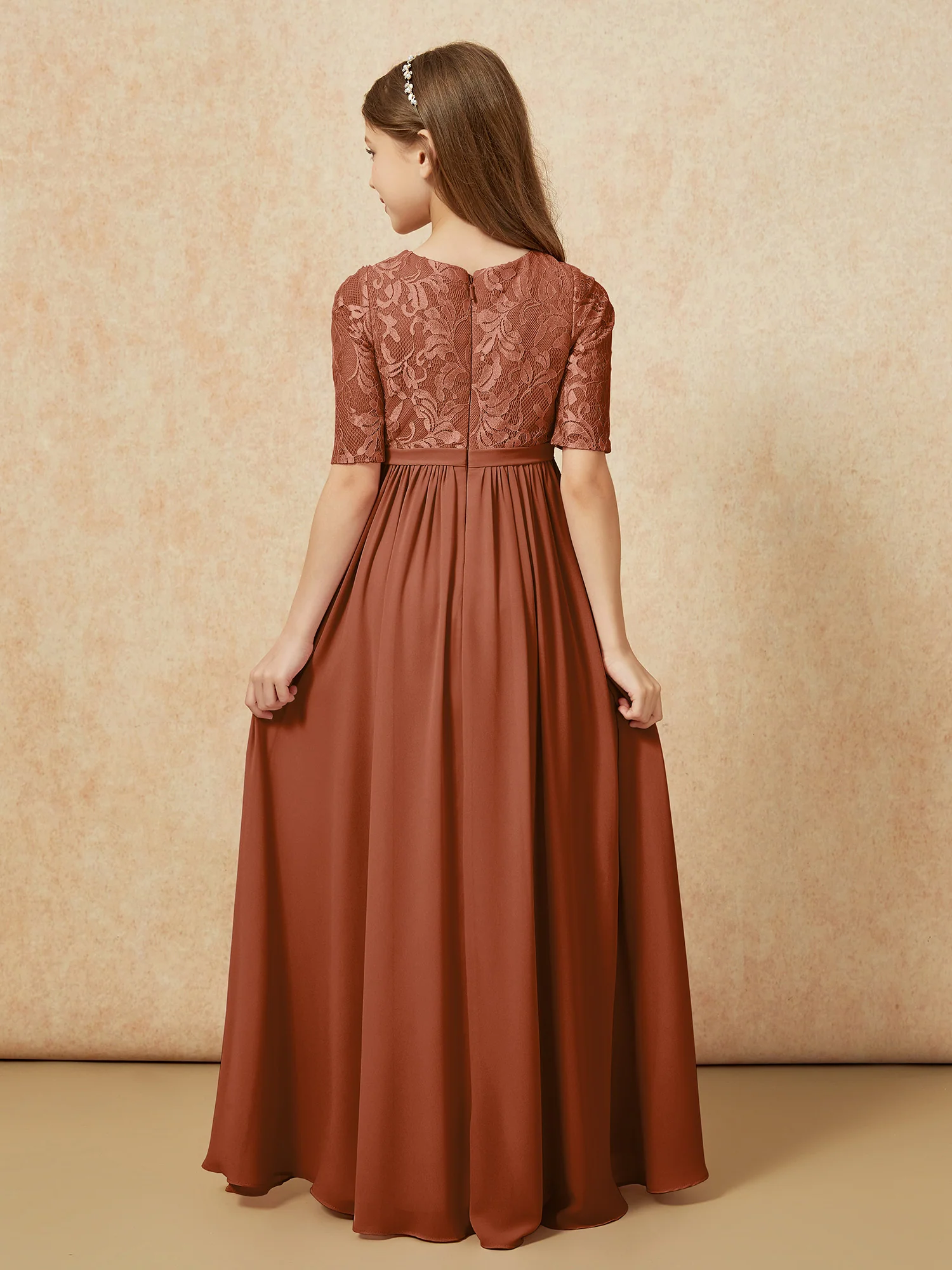 Half Sleeve Lace Top Chiffon Junior Bridesmaid Dresses Terracotta - Image 2