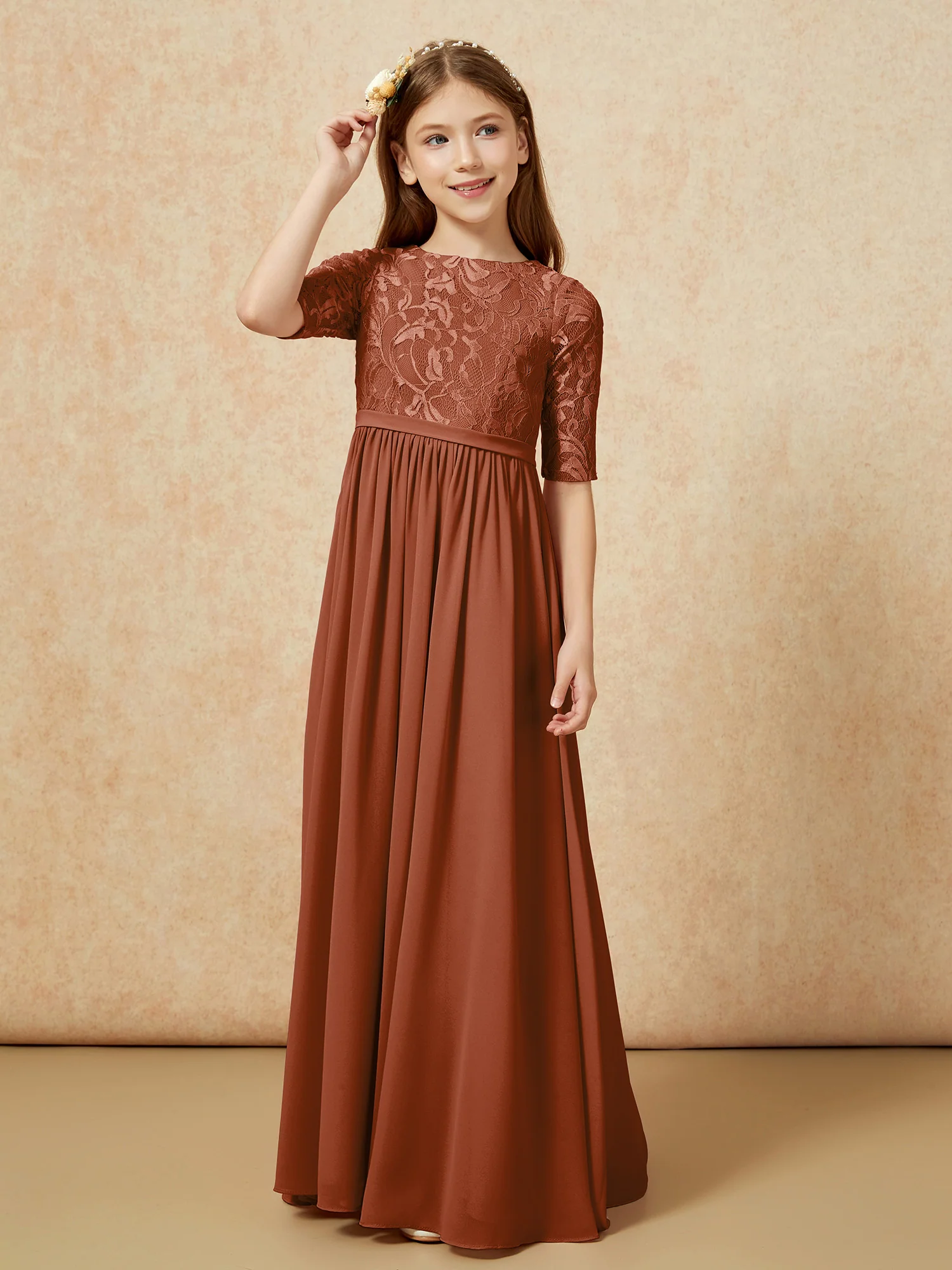 Half Sleeve Lace Top Chiffon Junior Bridesmaid Dresses Terracotta - Image 5