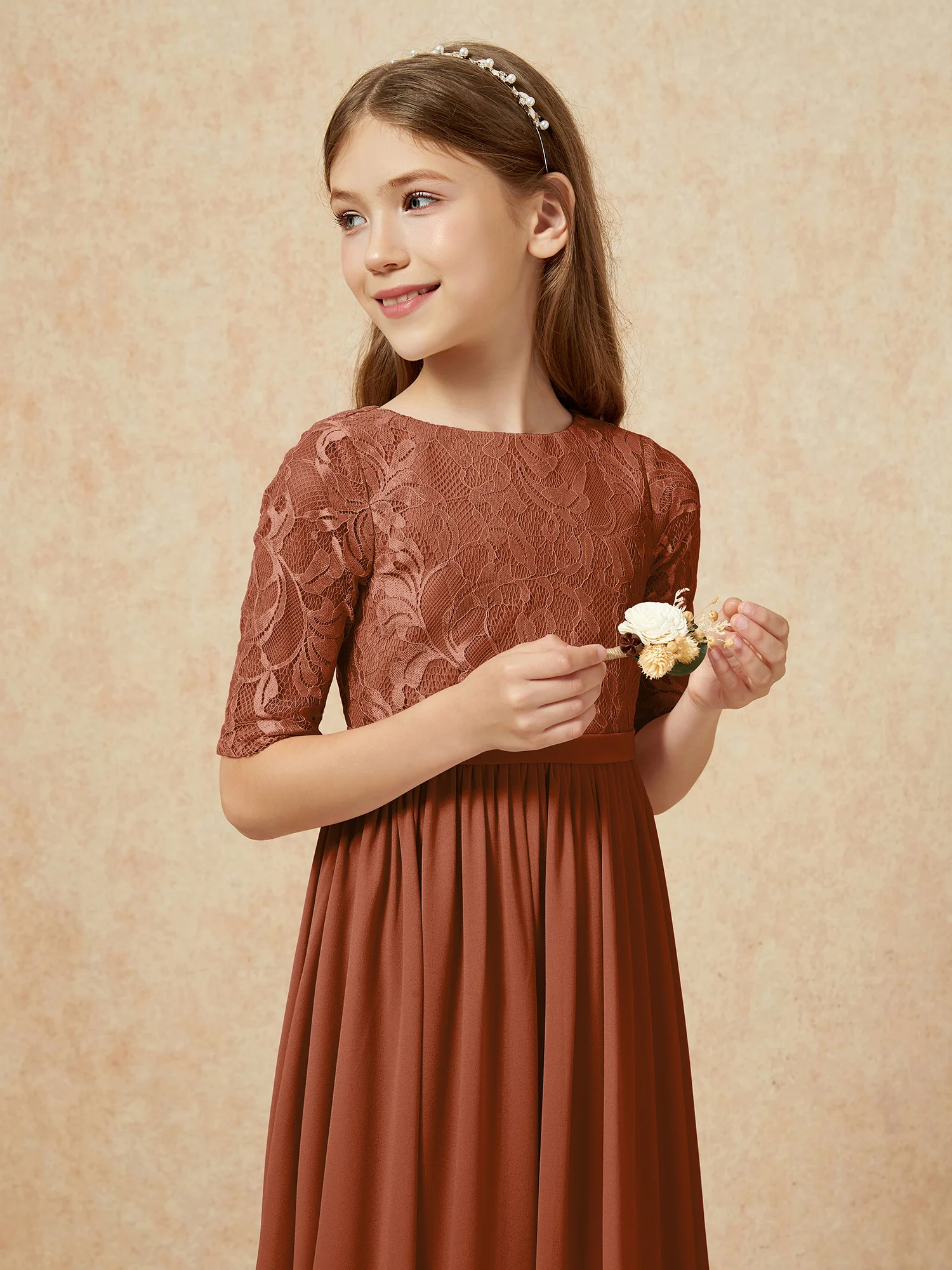 Half Sleeve Lace Top Chiffon Junior Bridesmaid Dresses Terracotta - Image 6