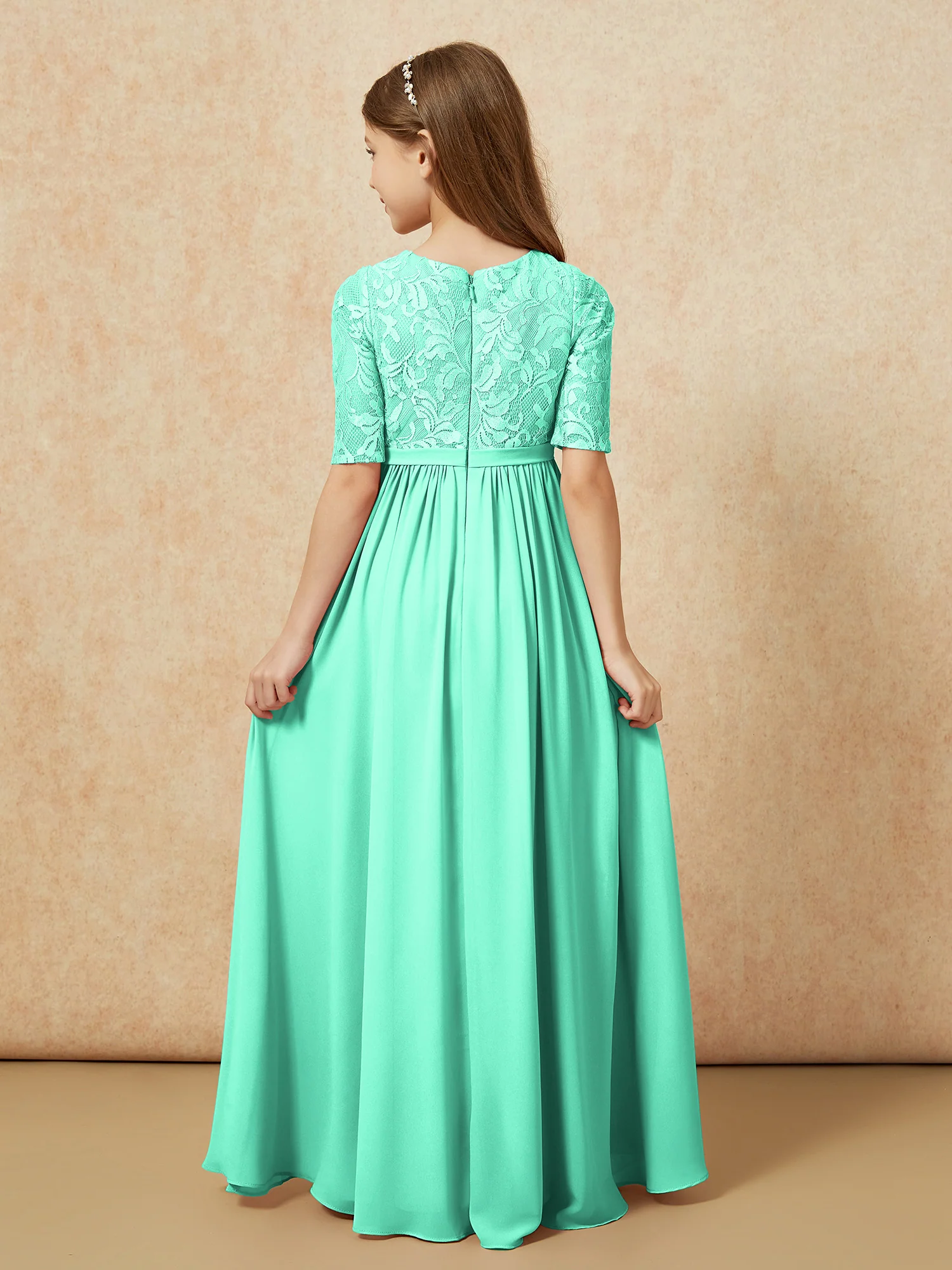 Half Sleeve Lace Top Chiffon Junior Bridesmaid Dresses Turquoise - Image 2
