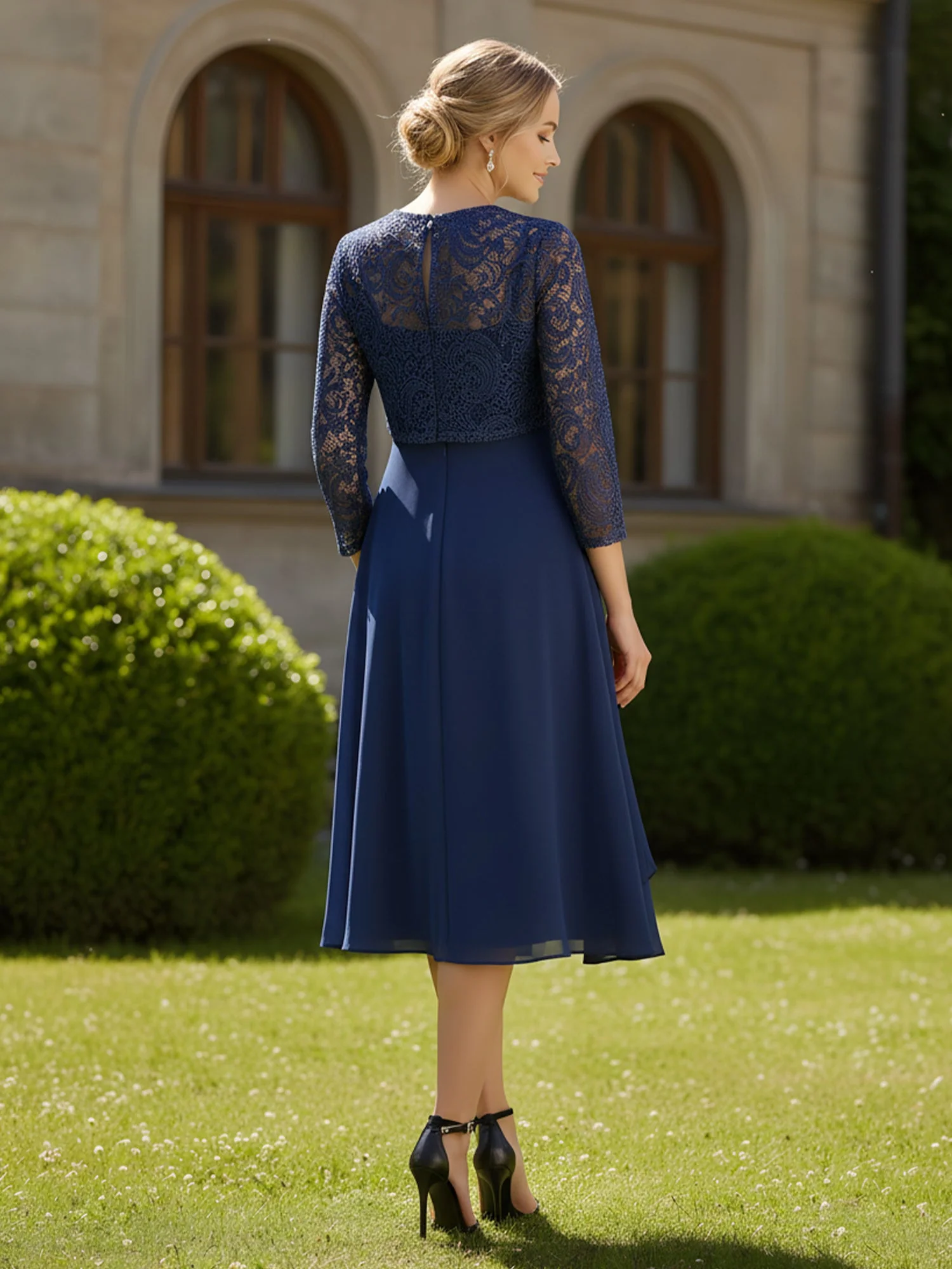 3/4 Sleeves Lace Chiffon Tea-Length Illusion Fuchsia - Image 2