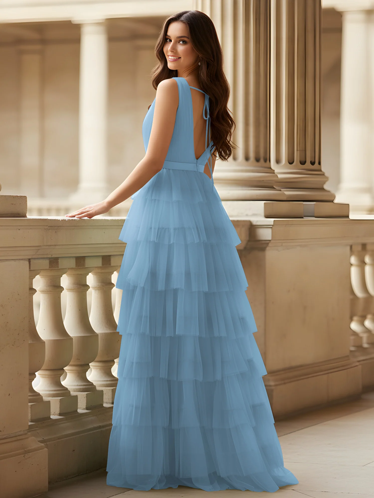 Ruched Bodice Formal Dress with Waistband Detail Blue - Image 2