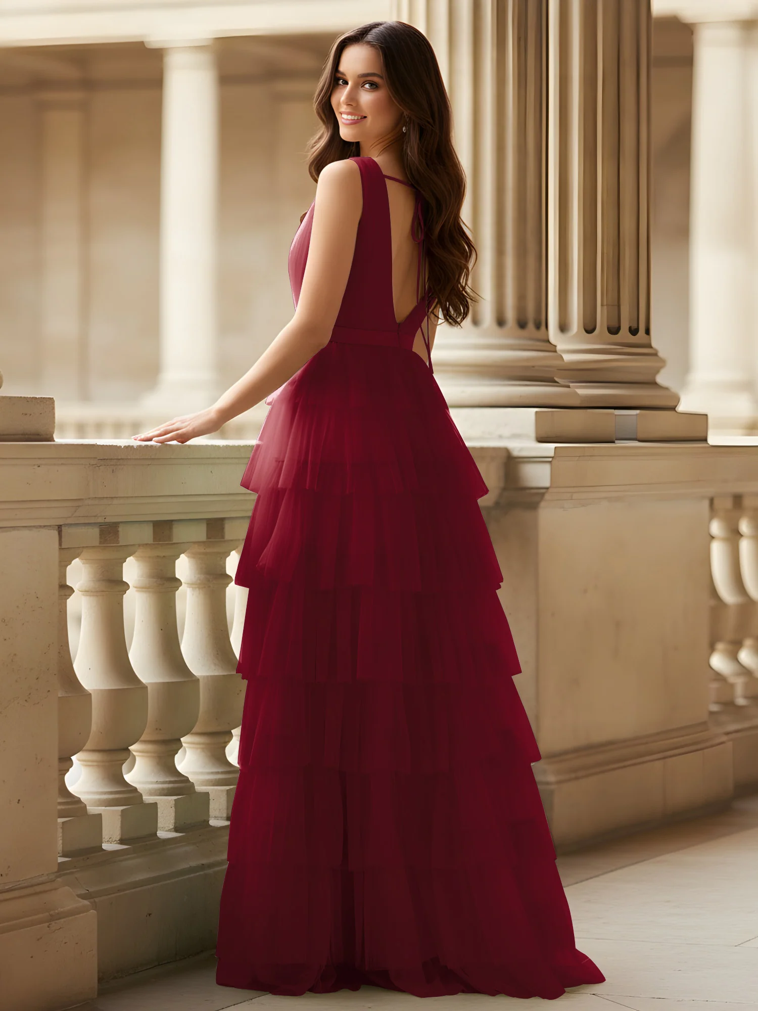 Ruched Bodice Formal Dress with Waistband Detail Burgundy - Image 2
