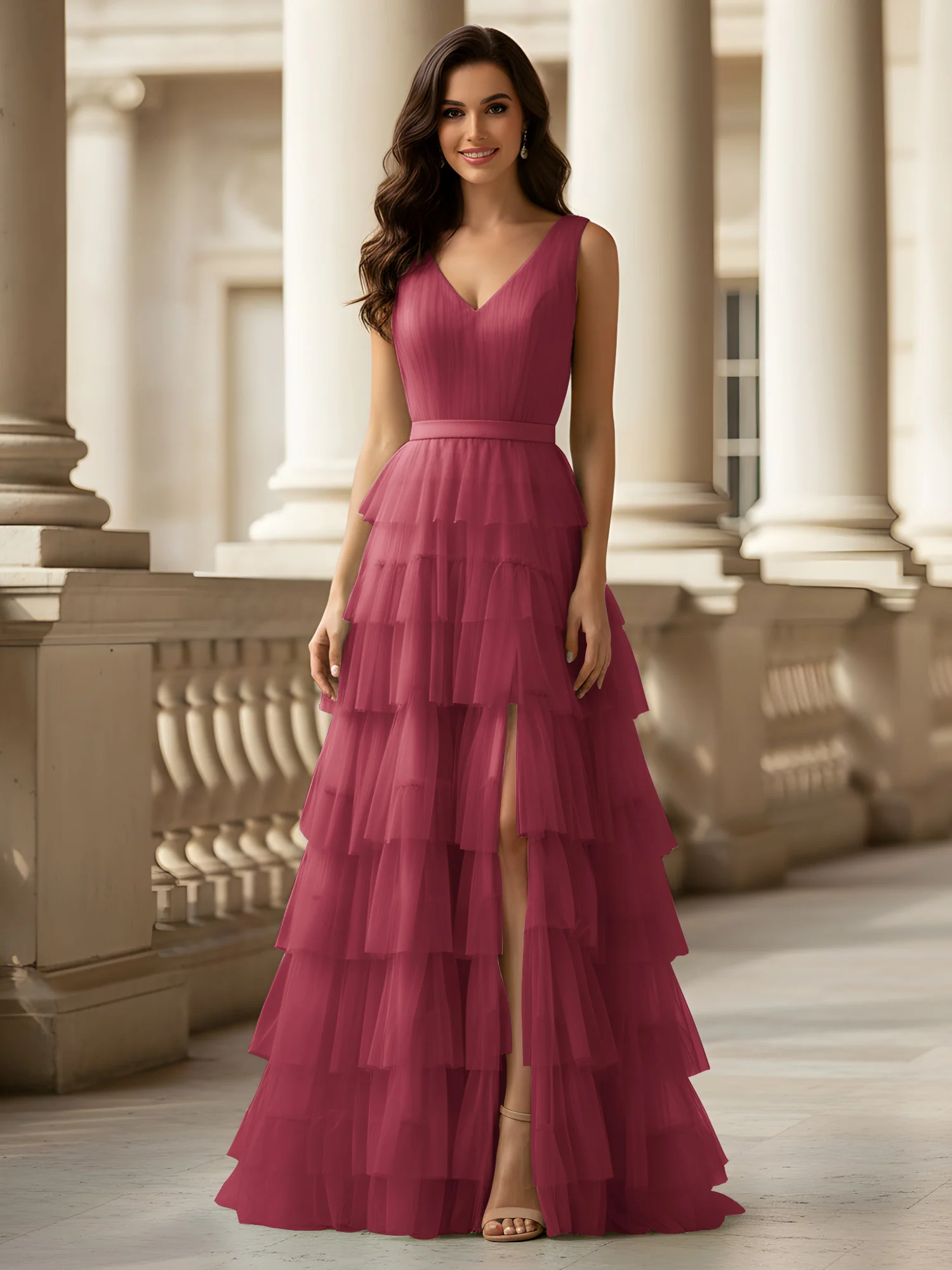 Ruched Bodice Formal Dress with Waistband Detail Cinnamon Rose
