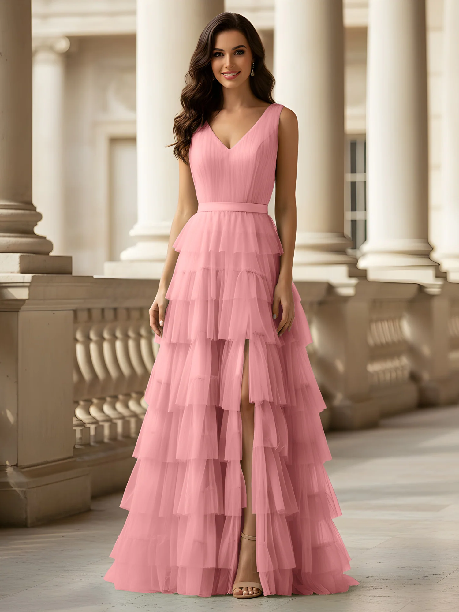 Ruched Bodice Formal Dress with Waistband Detail Flamingo