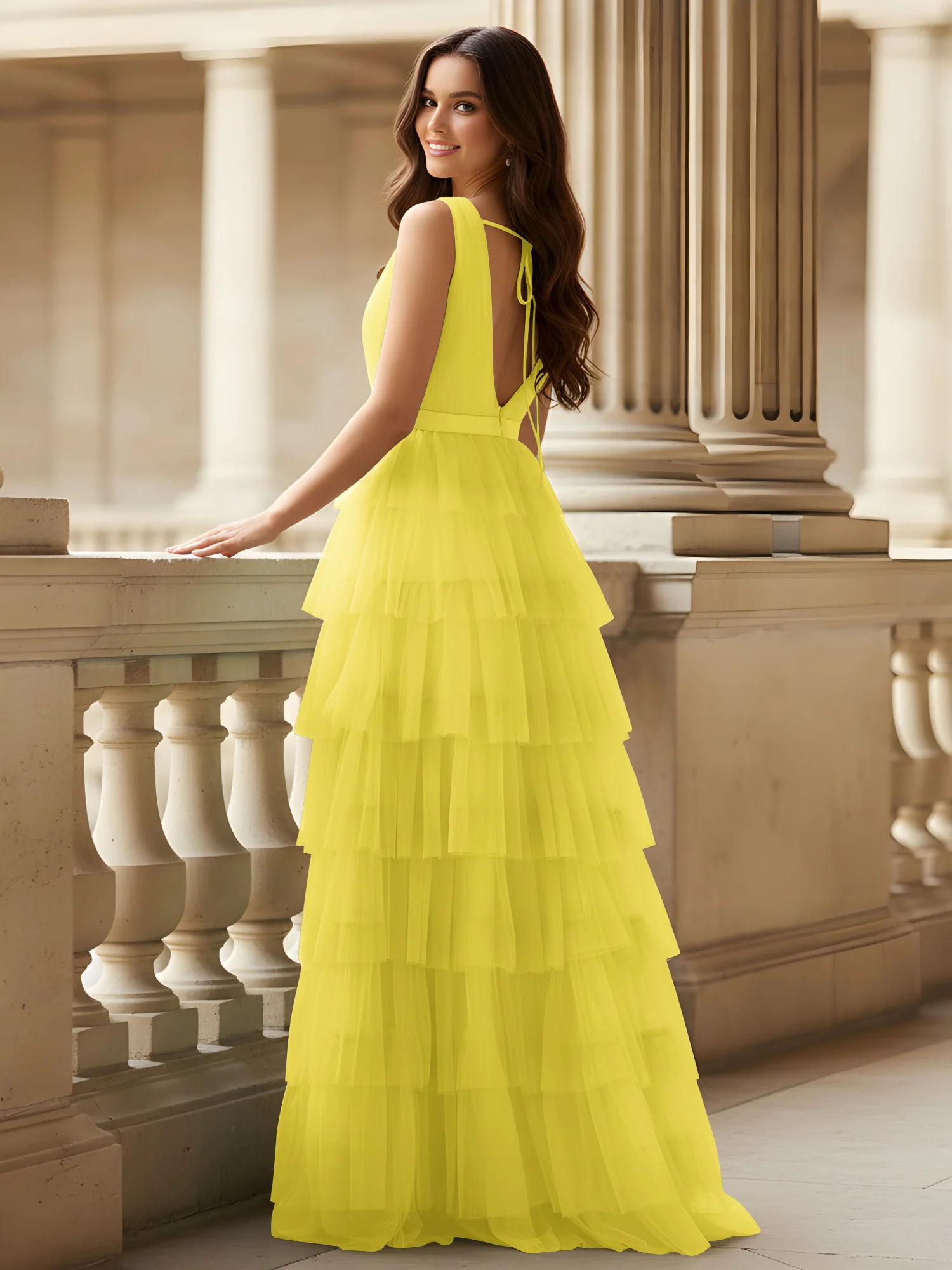 Ruched Bodice Formal Dress with Waistband Detail Lemon - Image 2