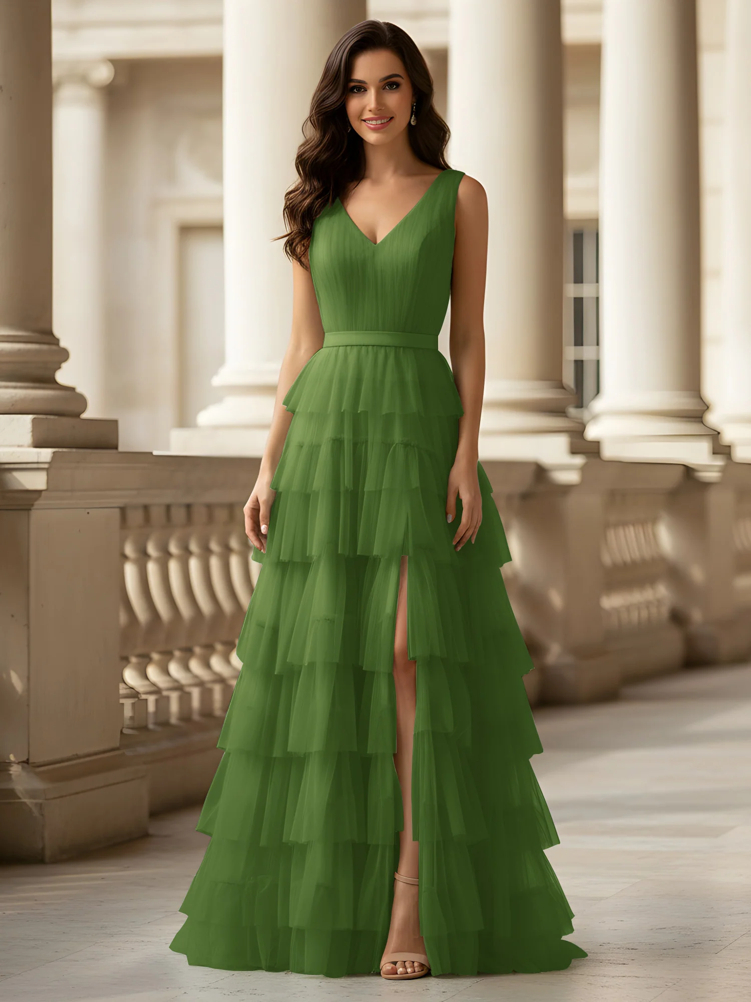 Ruched Bodice Formal Dress with Waistband Detail Moss