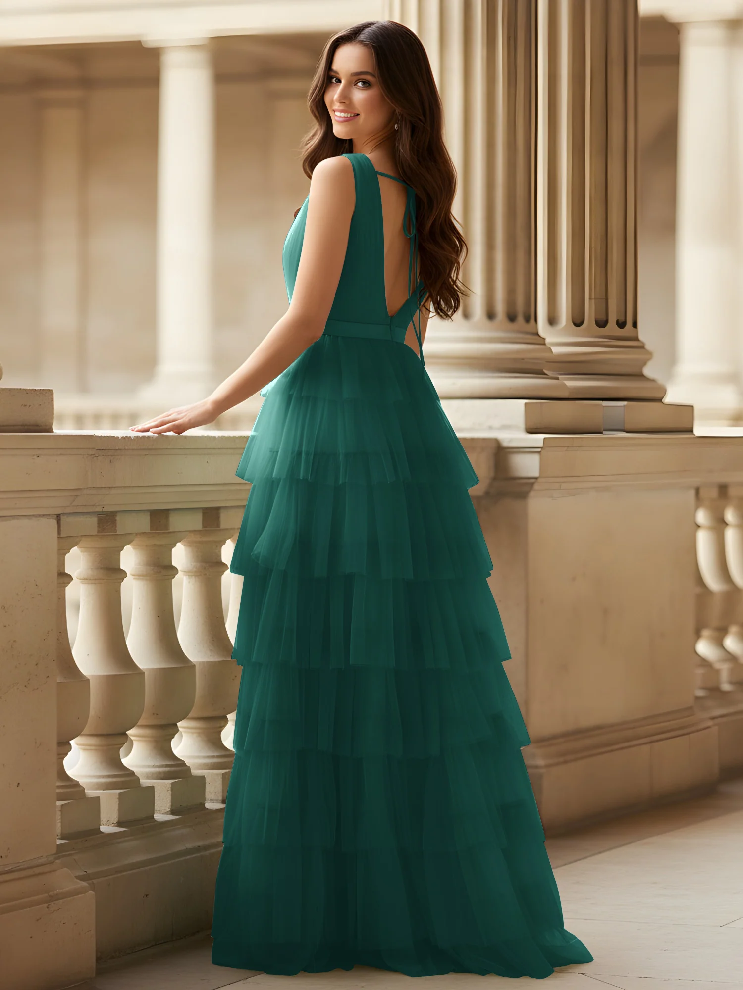 Ruched Bodice Formal Dress with Waistband Detail Peacock - Image 2