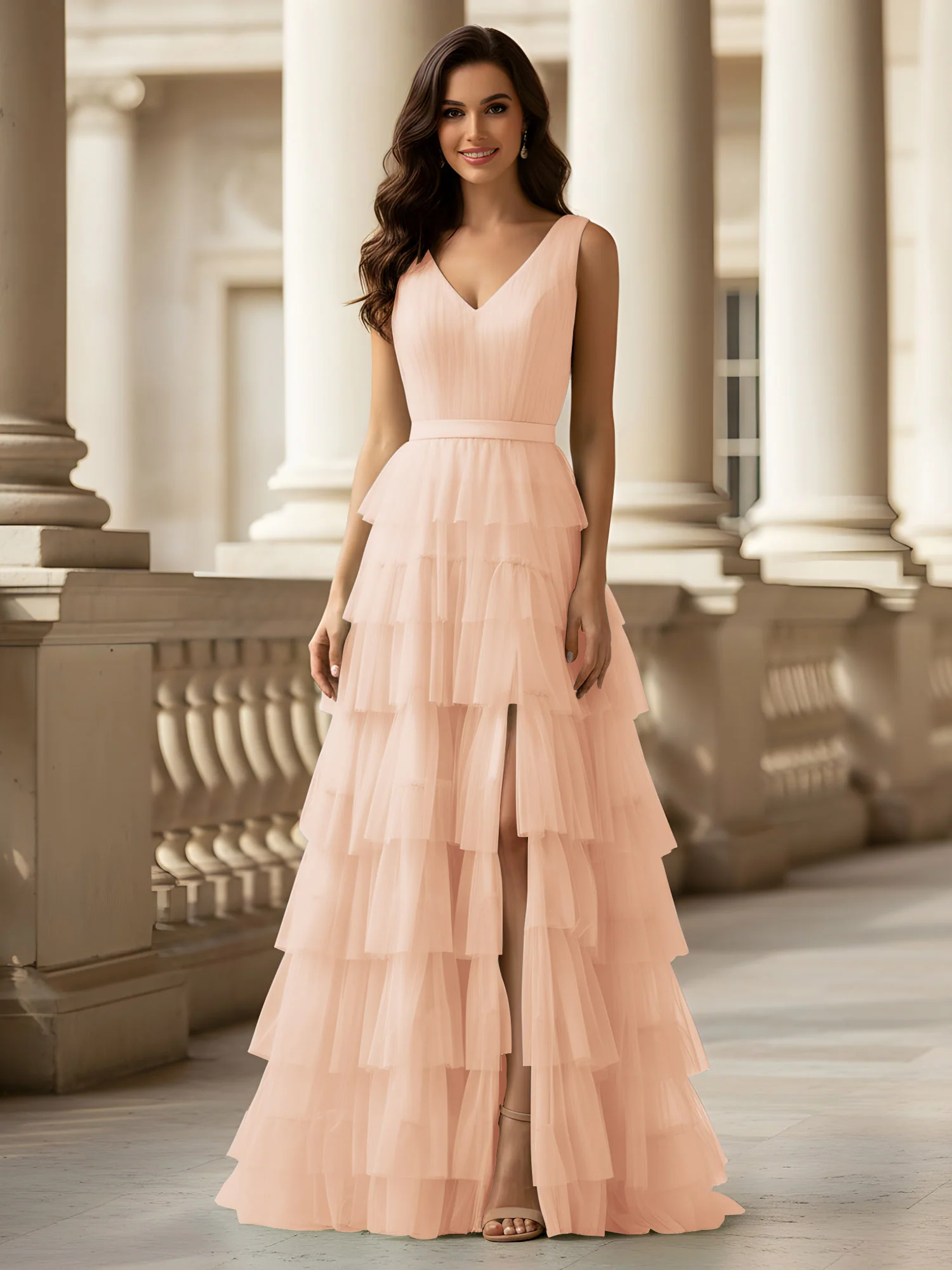Ruched Bodice Formal Dress with Waistband Detail Pearl Pink