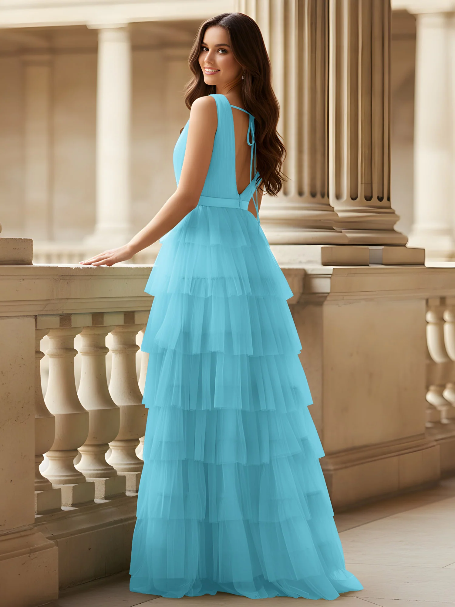 Ruched Bodice Formal Dress with Waistband Detail Pool - Image 2