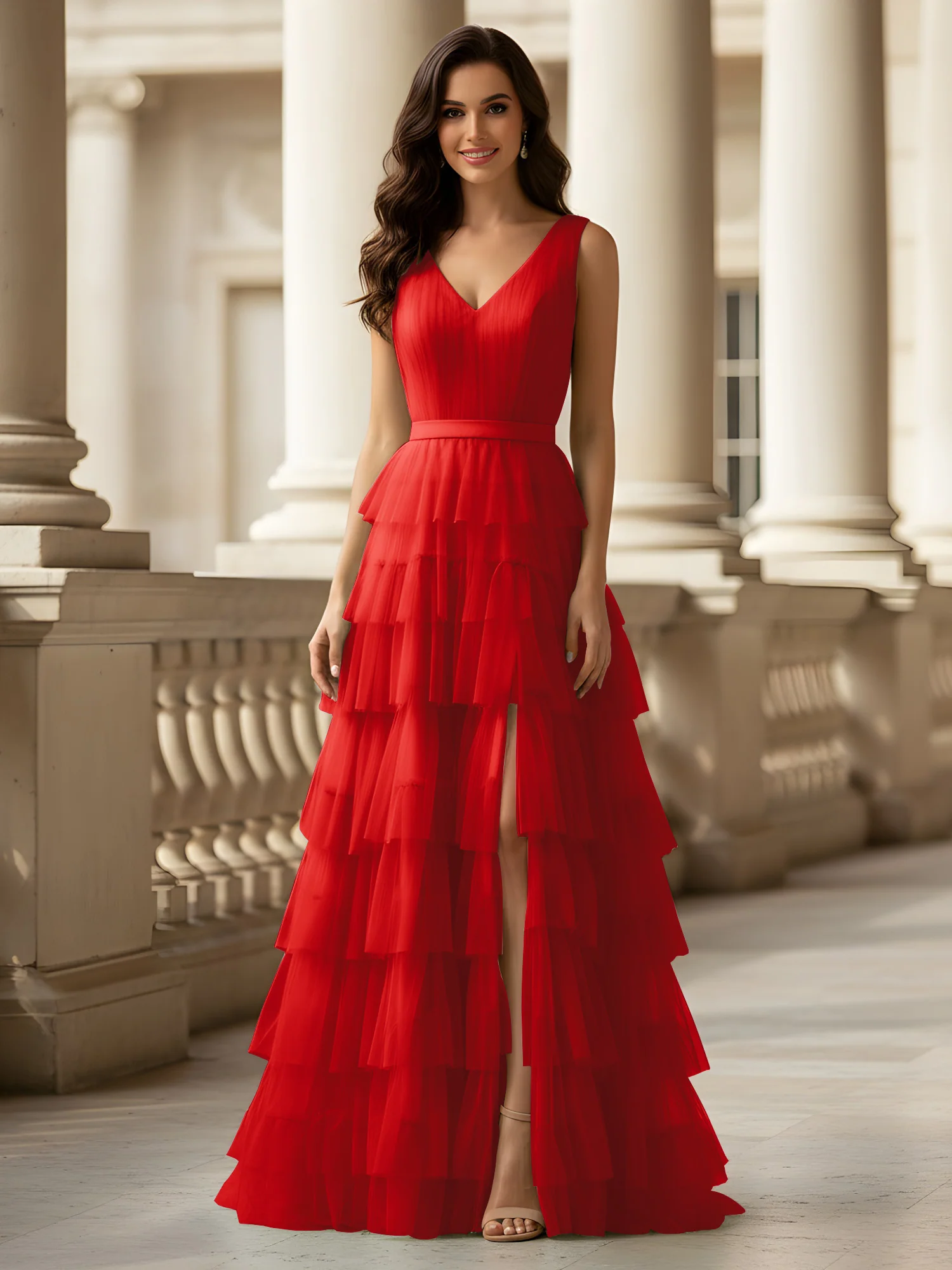 Ruched Bodice Formal Dress with Waistband Detail Red