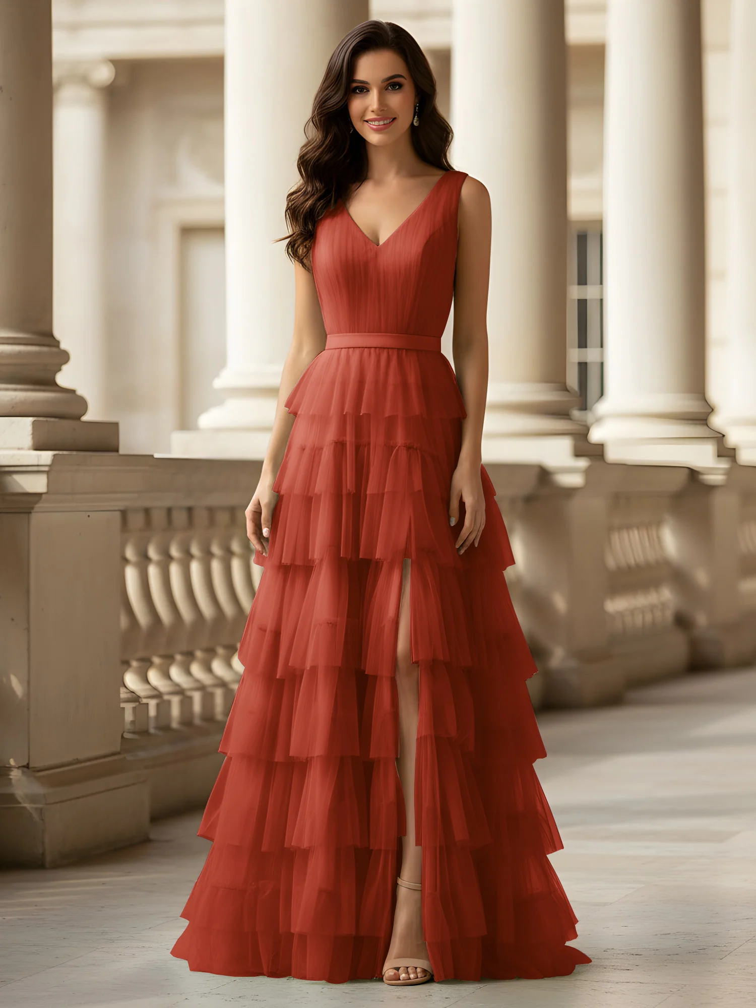 Ruched Bodice Formal Dress with Waistband Detail Rust