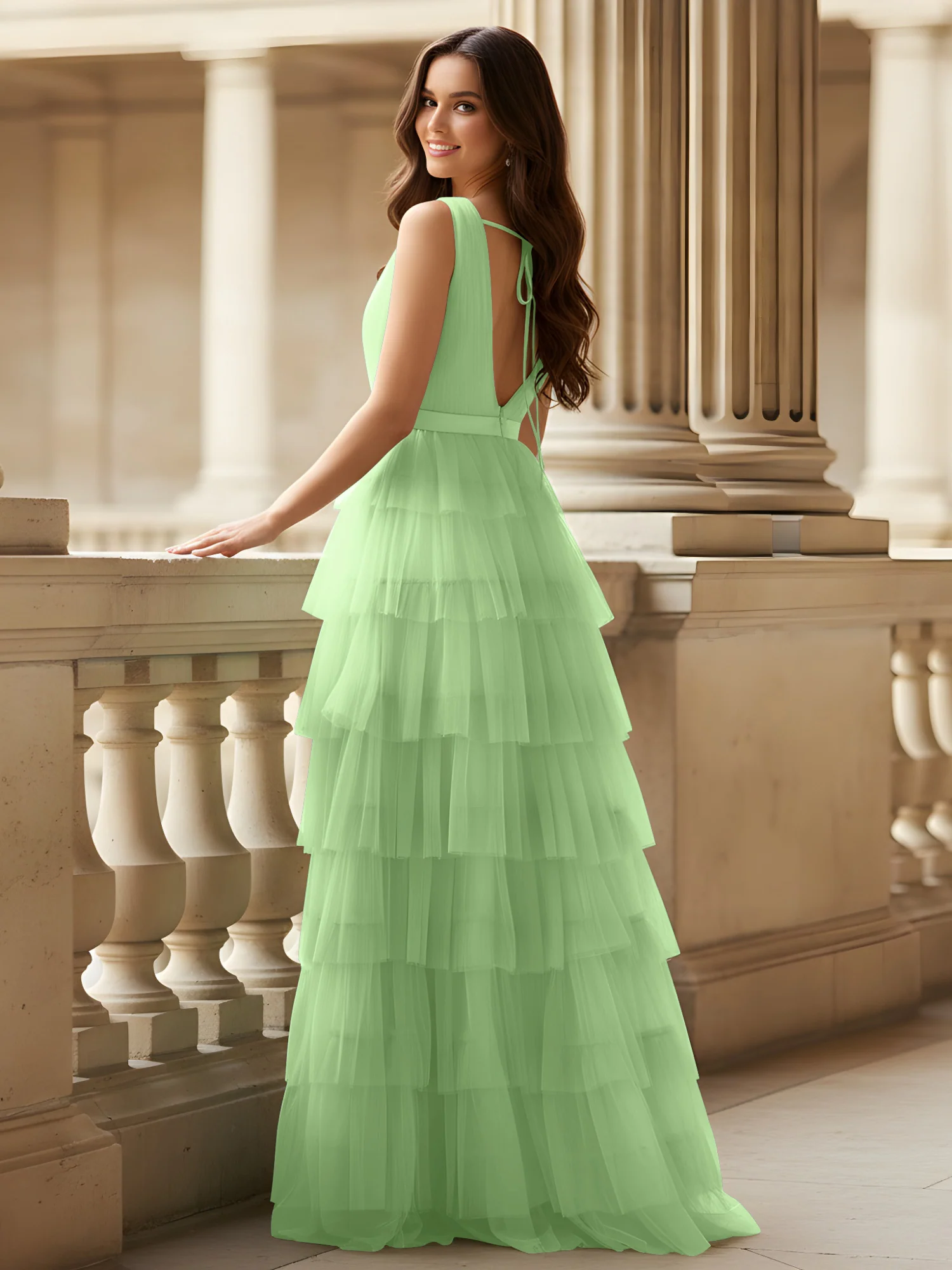 Ruched Bodice Formal Dress with Waistband Detail Sage - Image 2