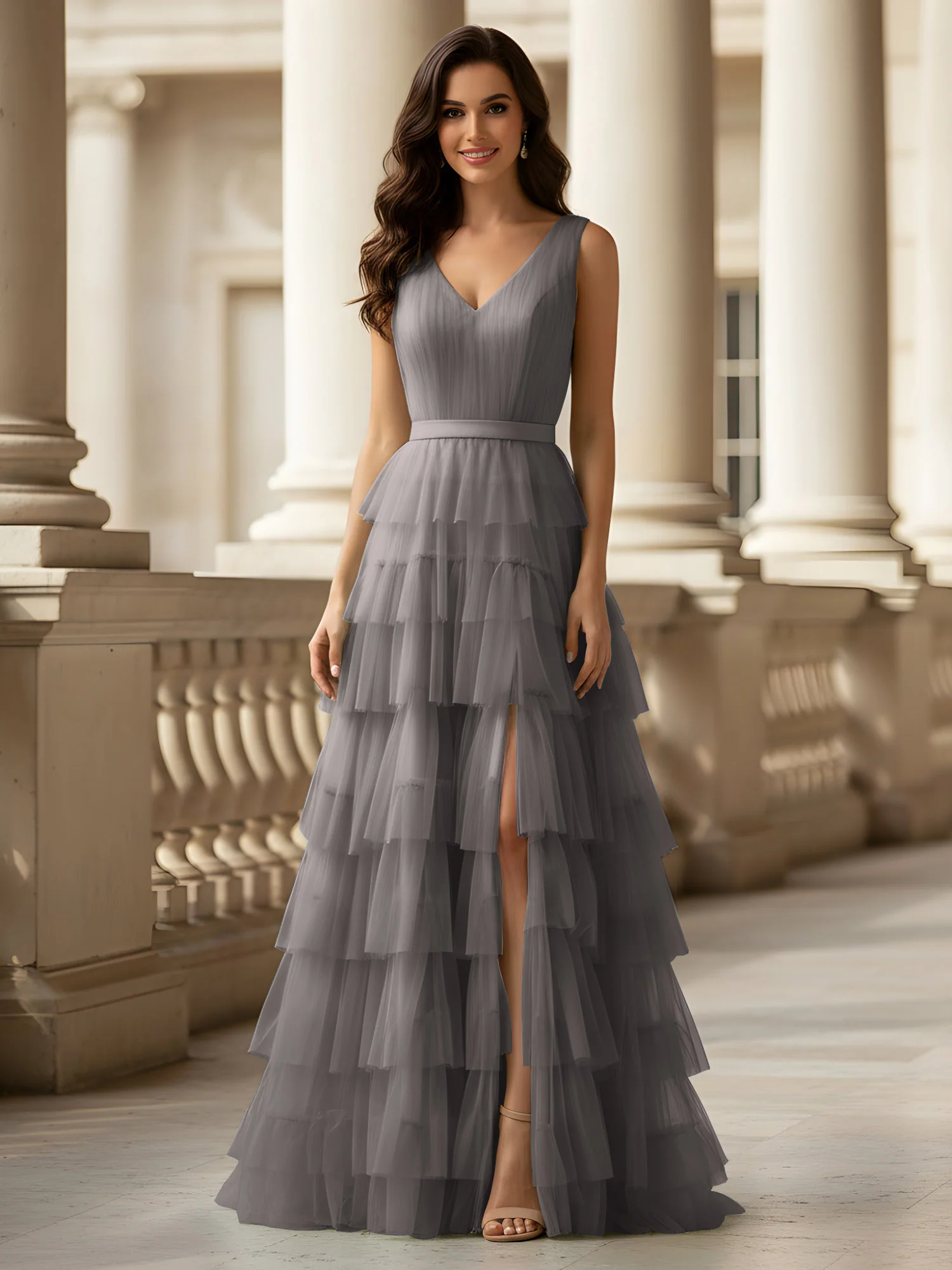 Ruched Bodice Formal Dress with Waistband Detail Steel Grey