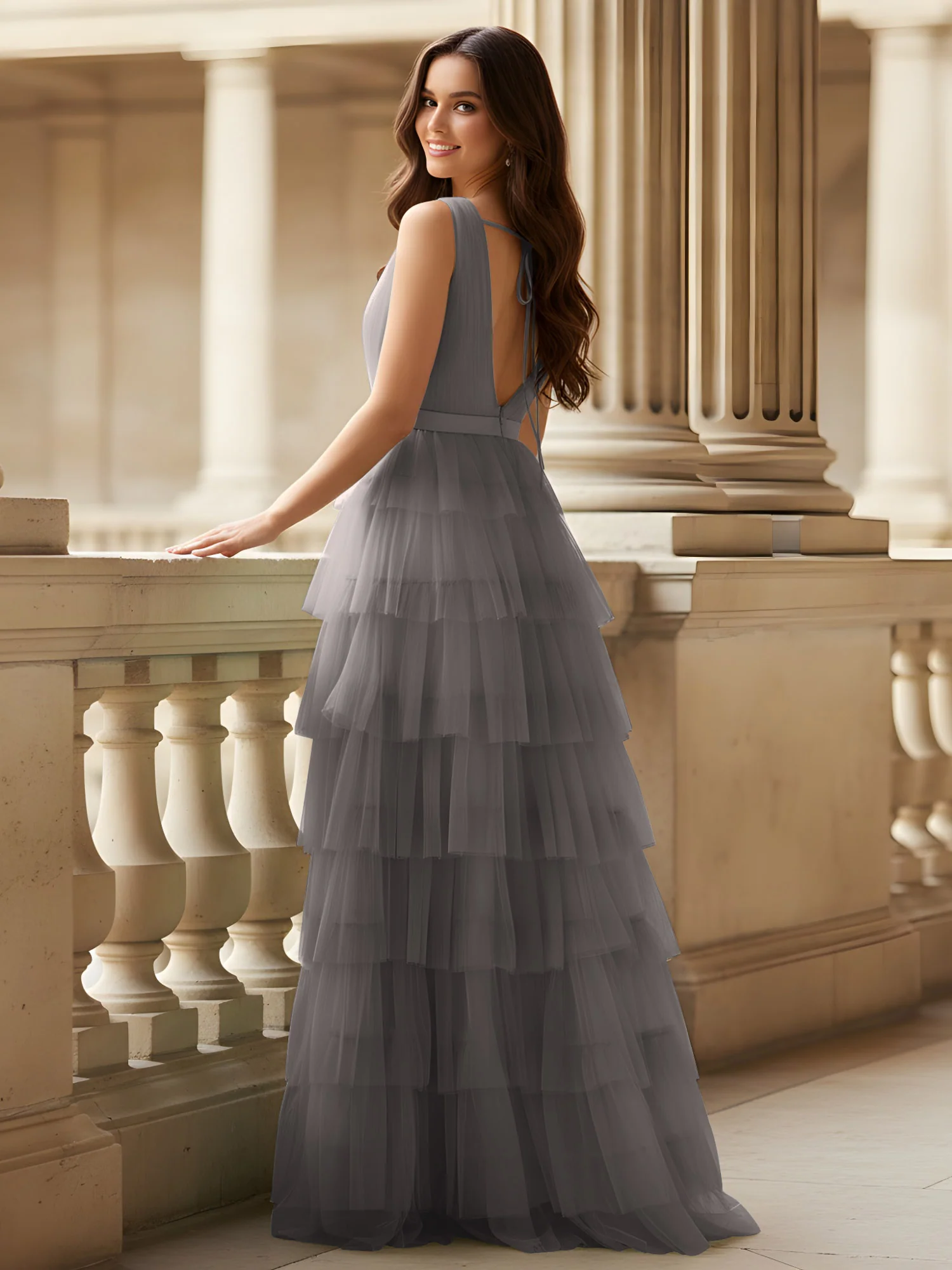 Ruched Bodice Formal Dress with Waistband Detail Steel Grey - Image 2