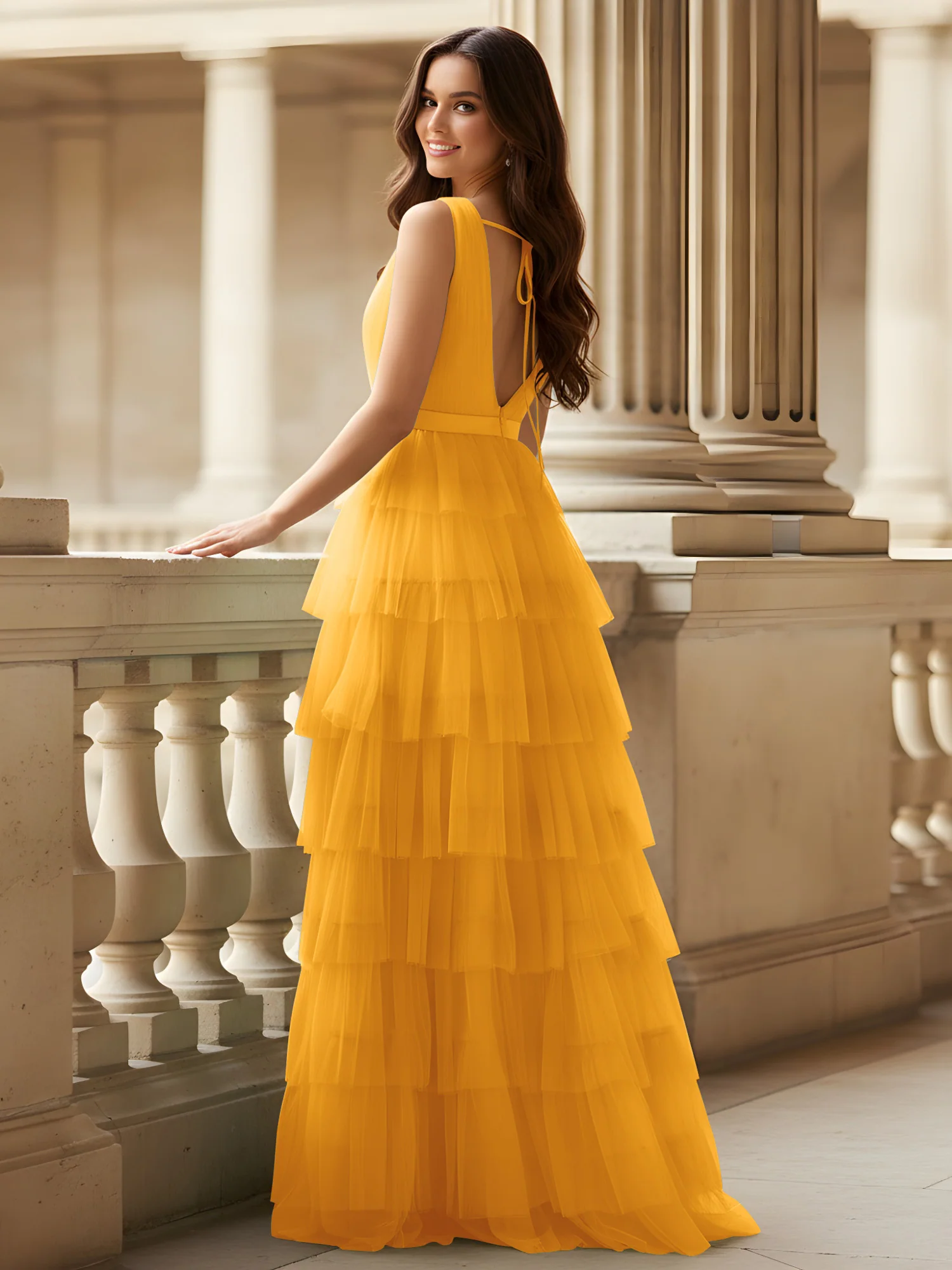 Ruched Bodice Formal Dress with Waistband Detail Tangerine - Image 2