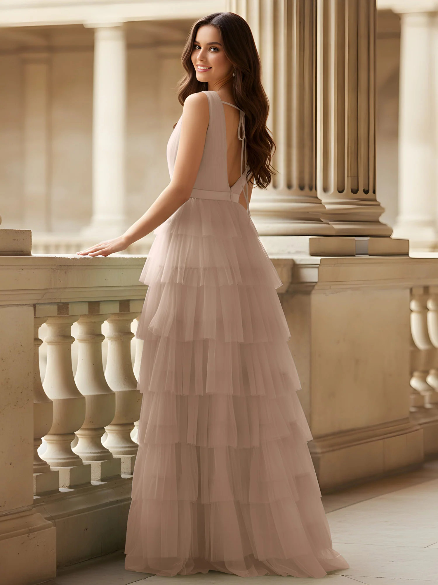 Ruched Bodice Formal Dress with Waistband Detail Taupe - Image 2