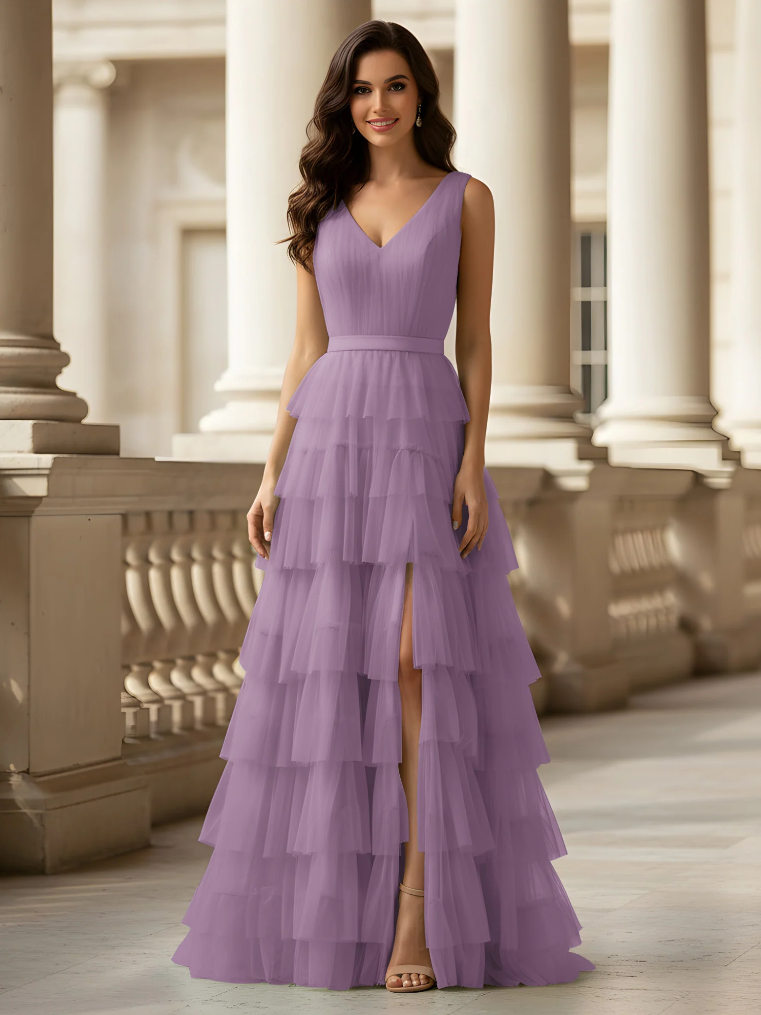 Ruched Bodice Formal Dress with Waistband Detail Wisteria