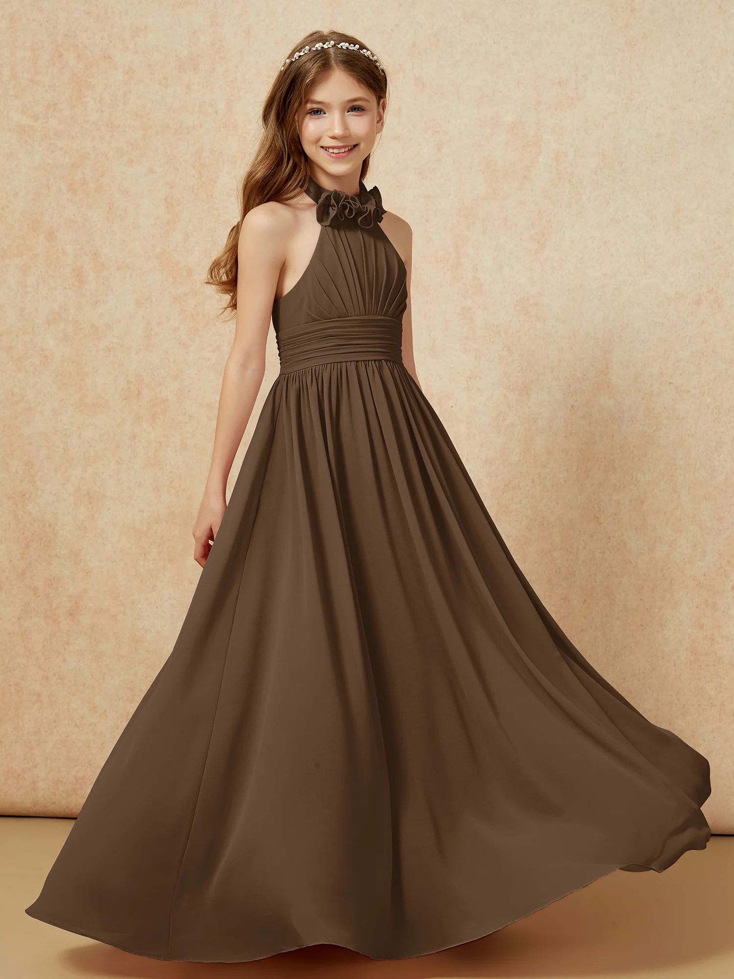 Halter Backless Chiffon Long Junior Bridesmaid Dress Brown