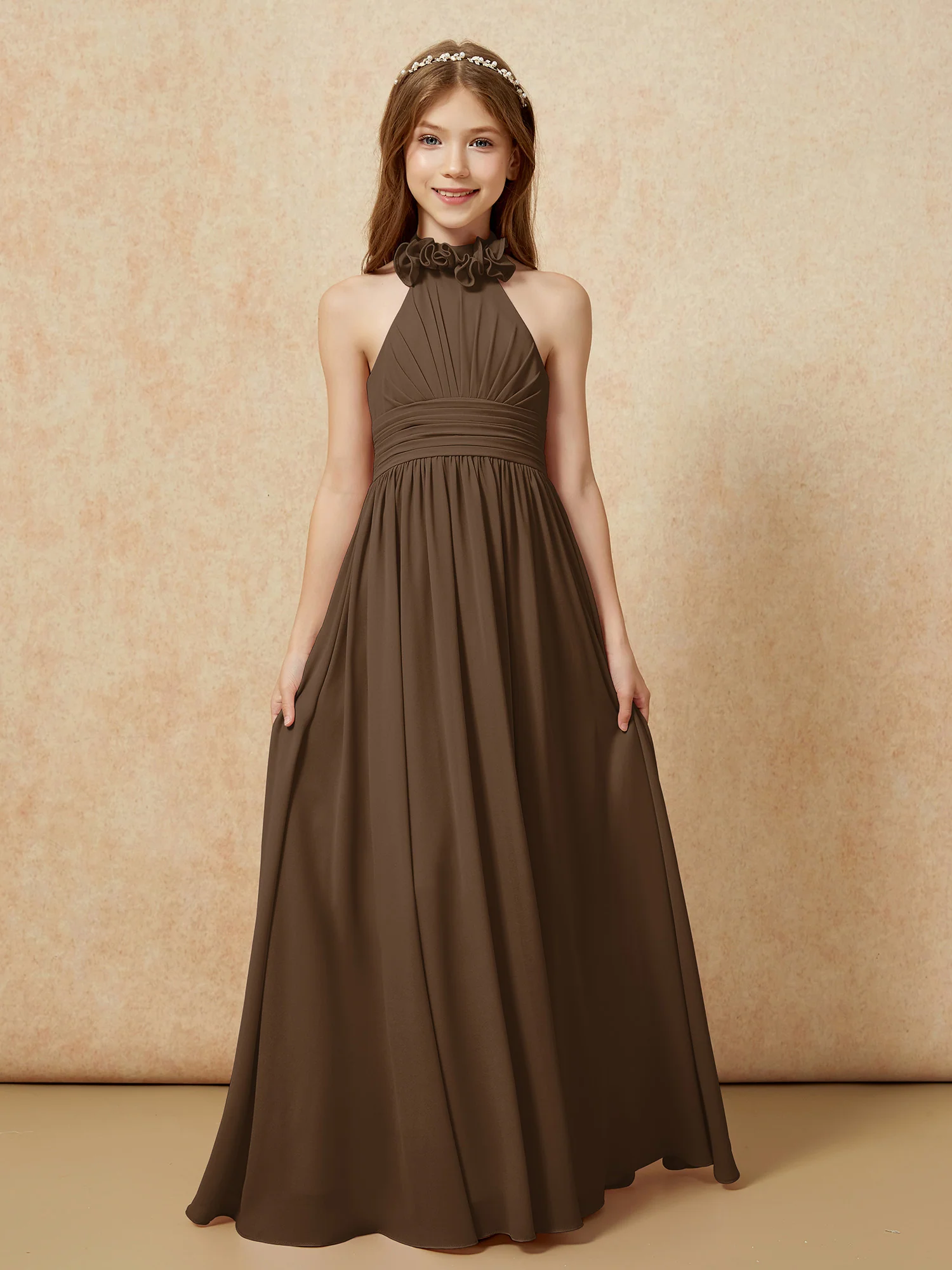 Halter Backless Chiffon Long Junior Bridesmaid Dress Brown - Image 4