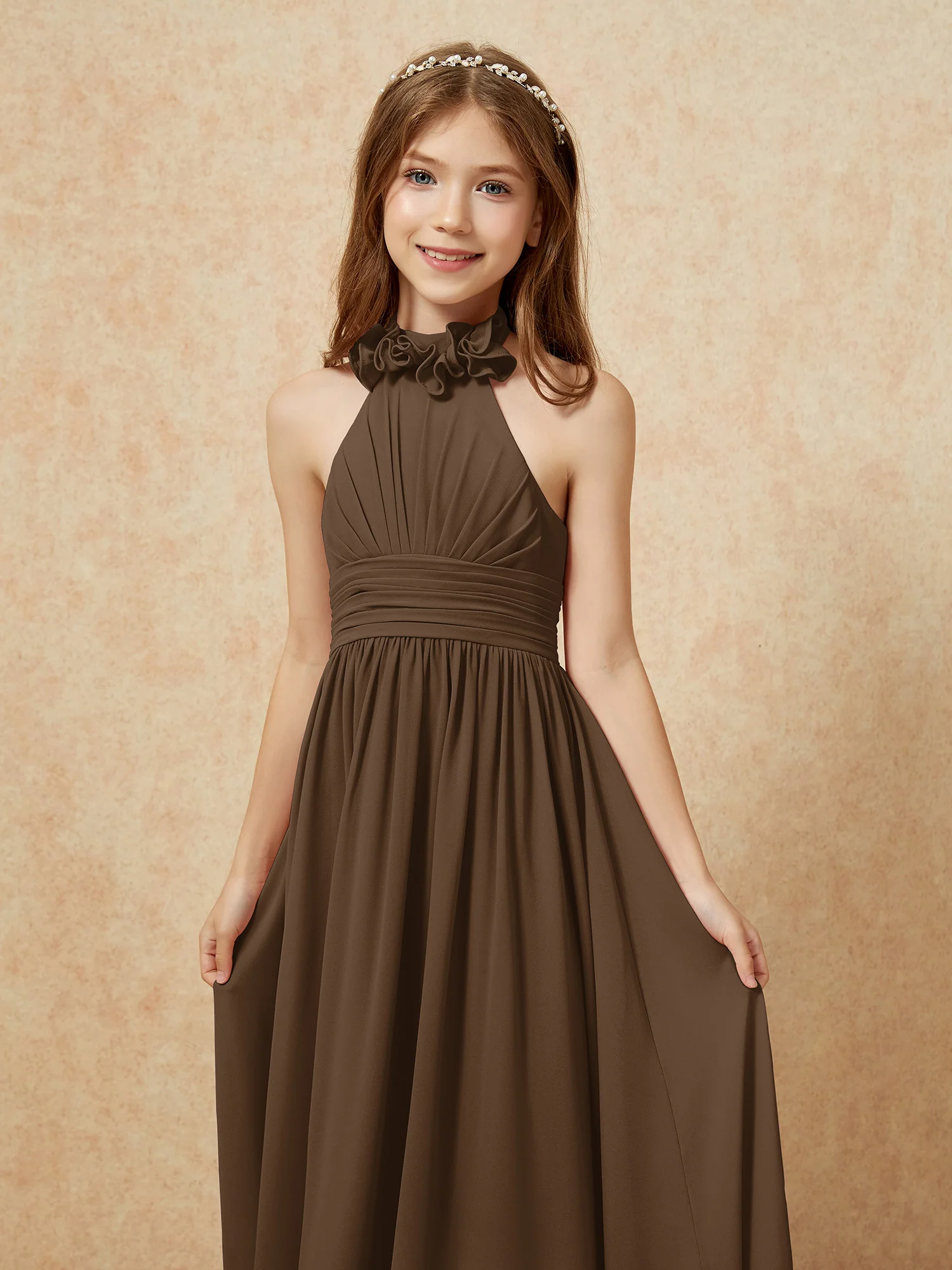 Halter Backless Chiffon Long Junior Bridesmaid Dress Brown - Image 6