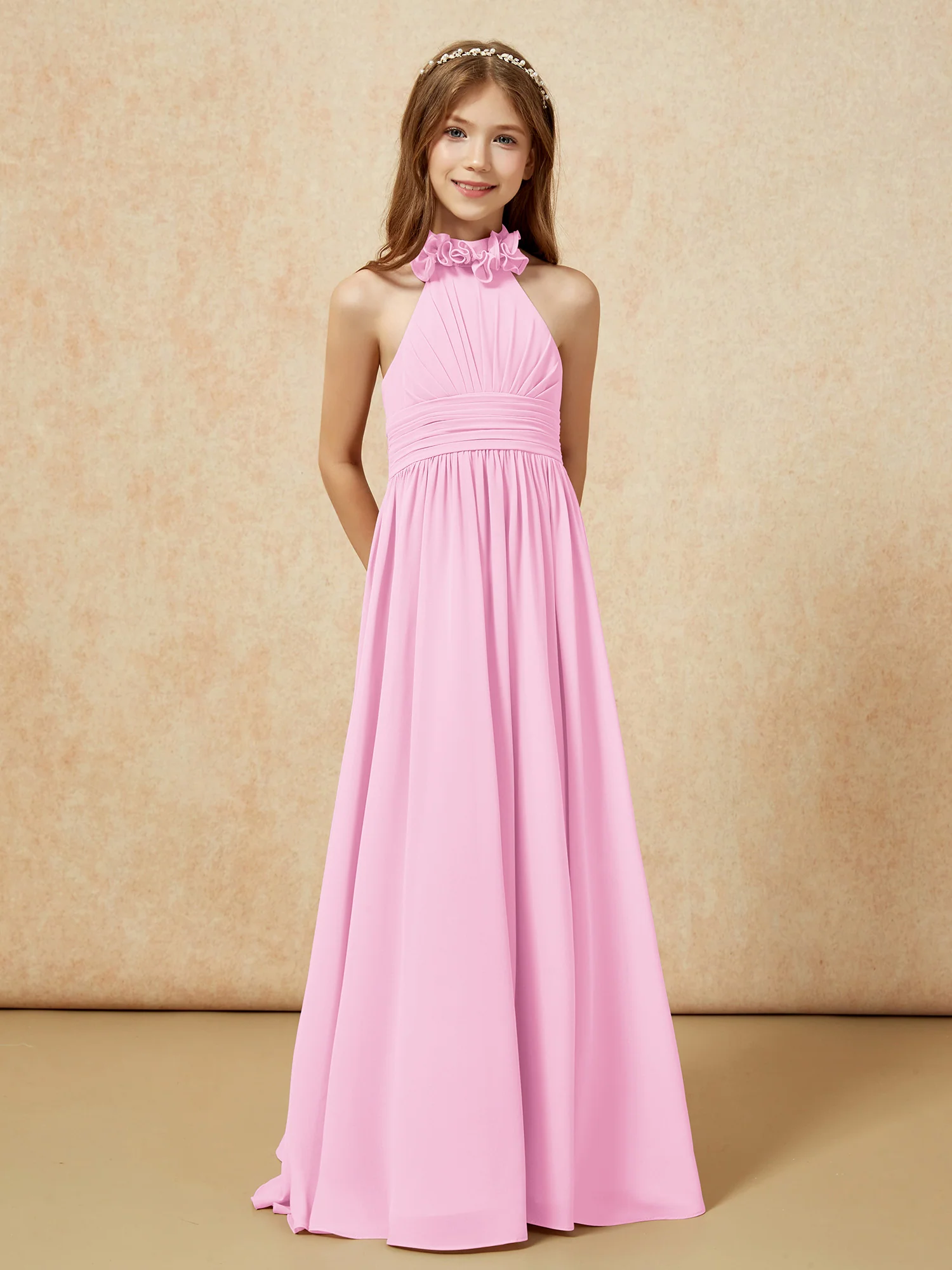 Halter Backless Chiffon Long Junior Bridesmaid Dress Candy Pink - Image 5