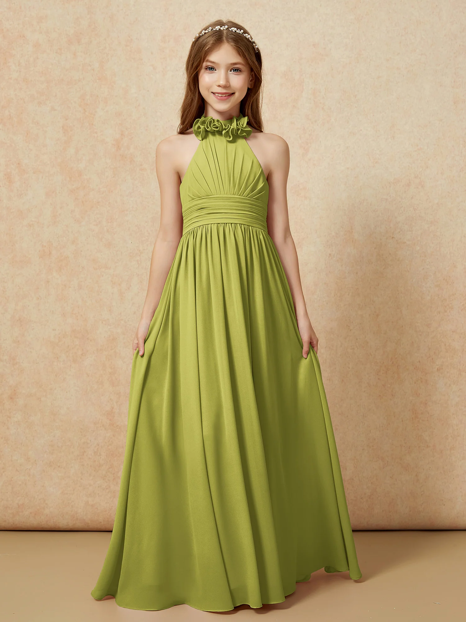 Halter Backless Chiffon Long Junior Bridesmaid Dress Clover - Image 4