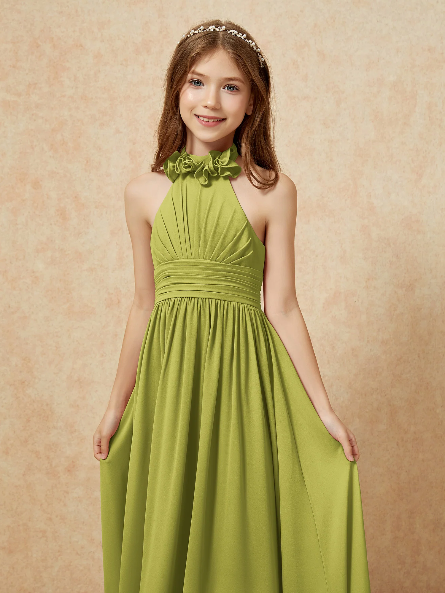 Halter Backless Chiffon Long Junior Bridesmaid Dress Clover - Image 6