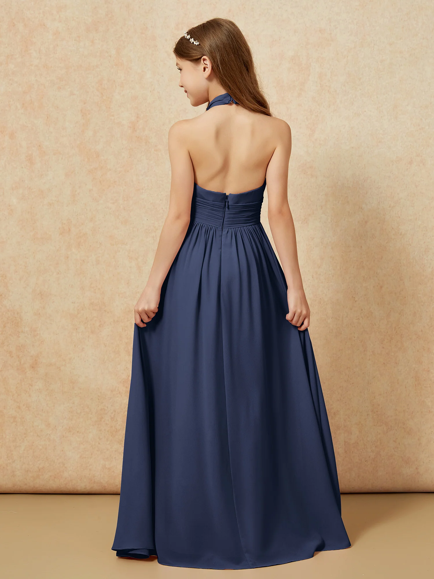 Halter Backless Chiffon Long Junior Bridesmaid Dress Dark Navy - Image 2