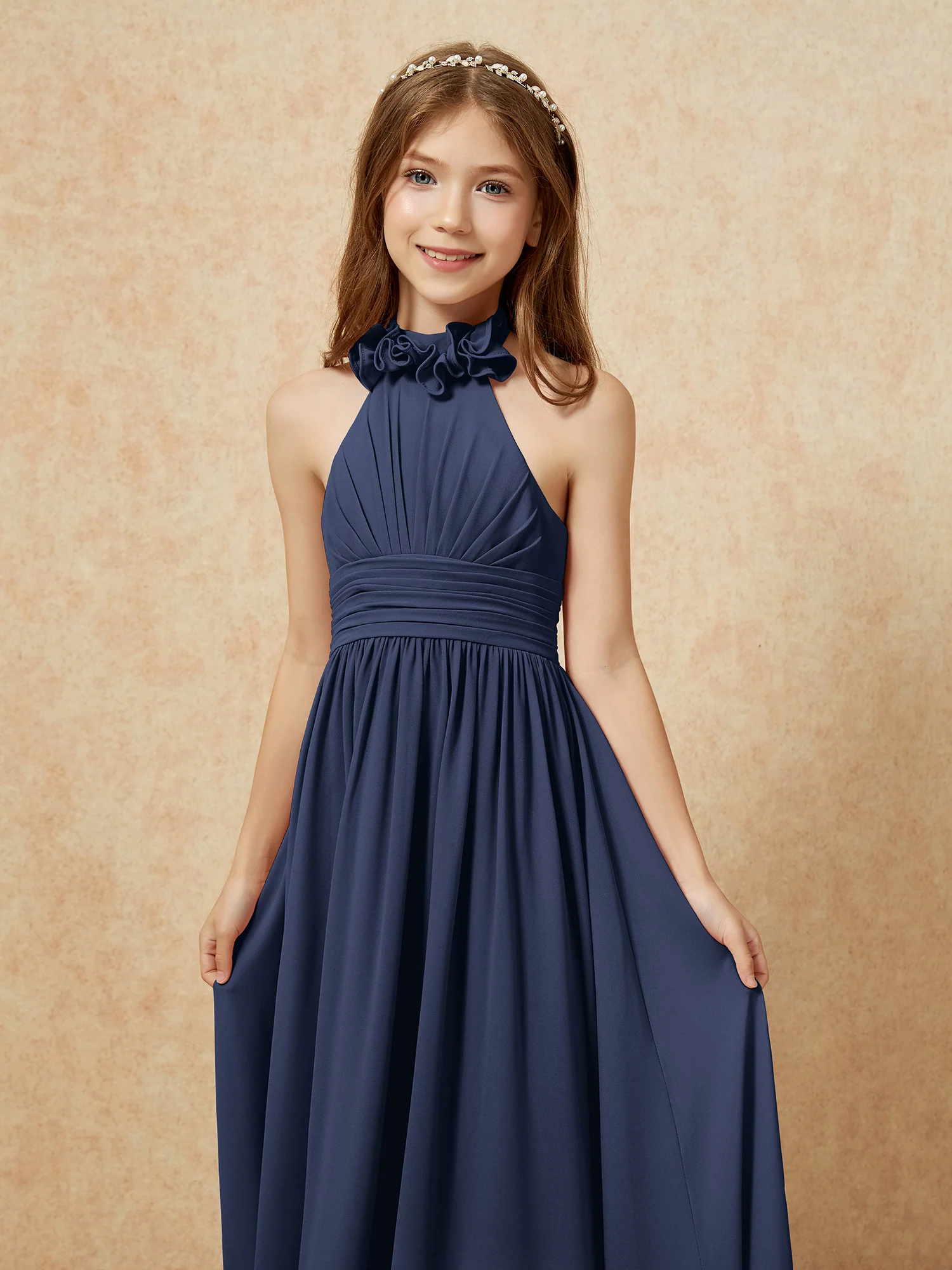 Halter Backless Chiffon Long Junior Bridesmaid Dress Dark Navy - Image 6
