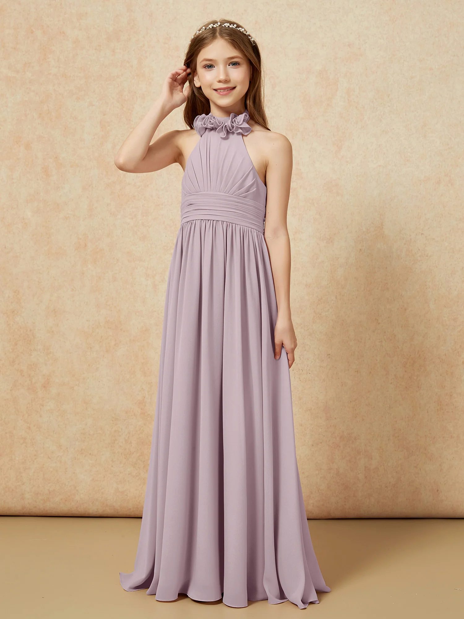 Halter Backless Chiffon Long Junior Bridesmaid Dress Dusk - Image 3