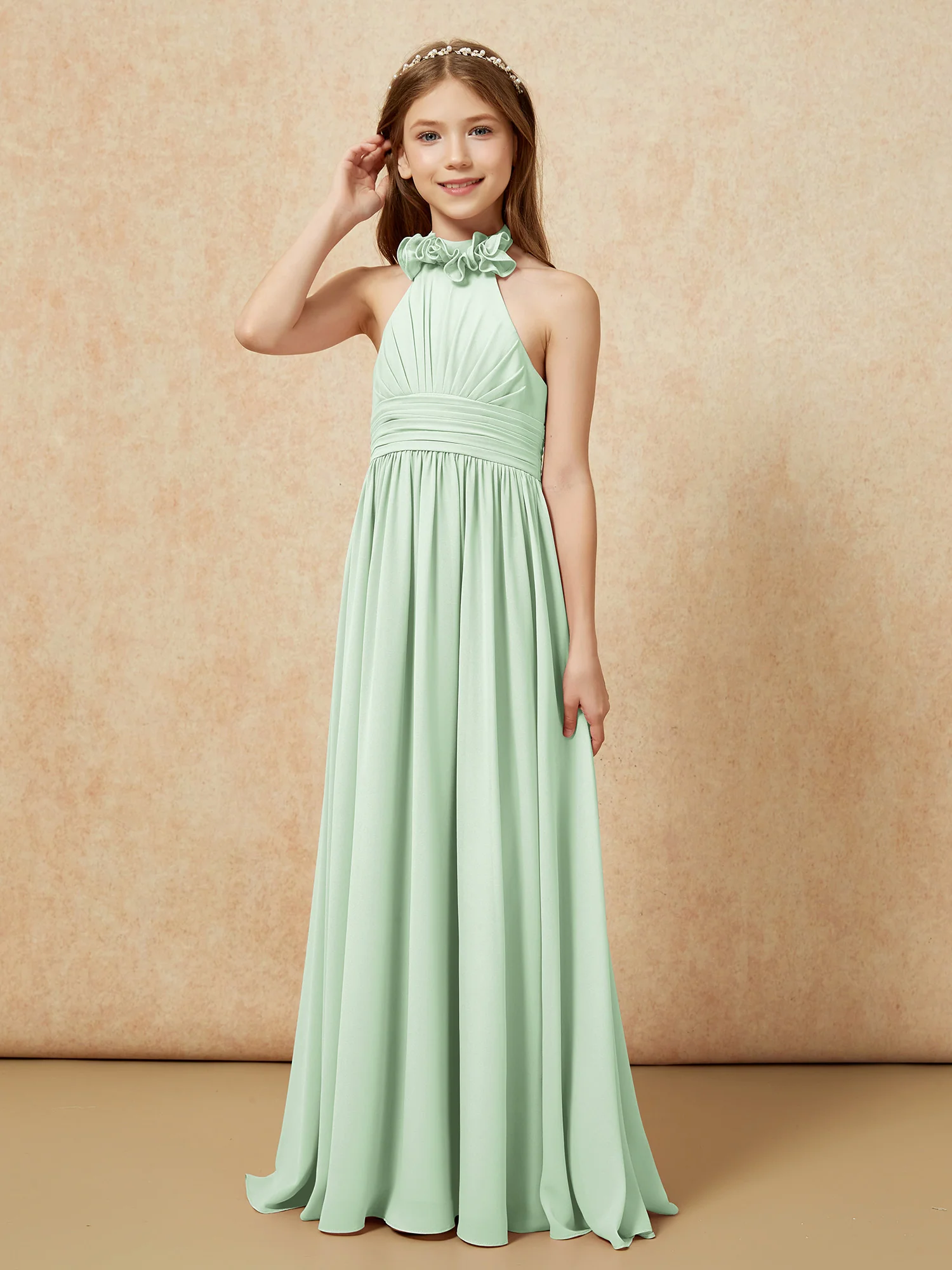 Halter Backless Chiffon Long Junior Bridesmaid Dress Dusty Sage - Image 3