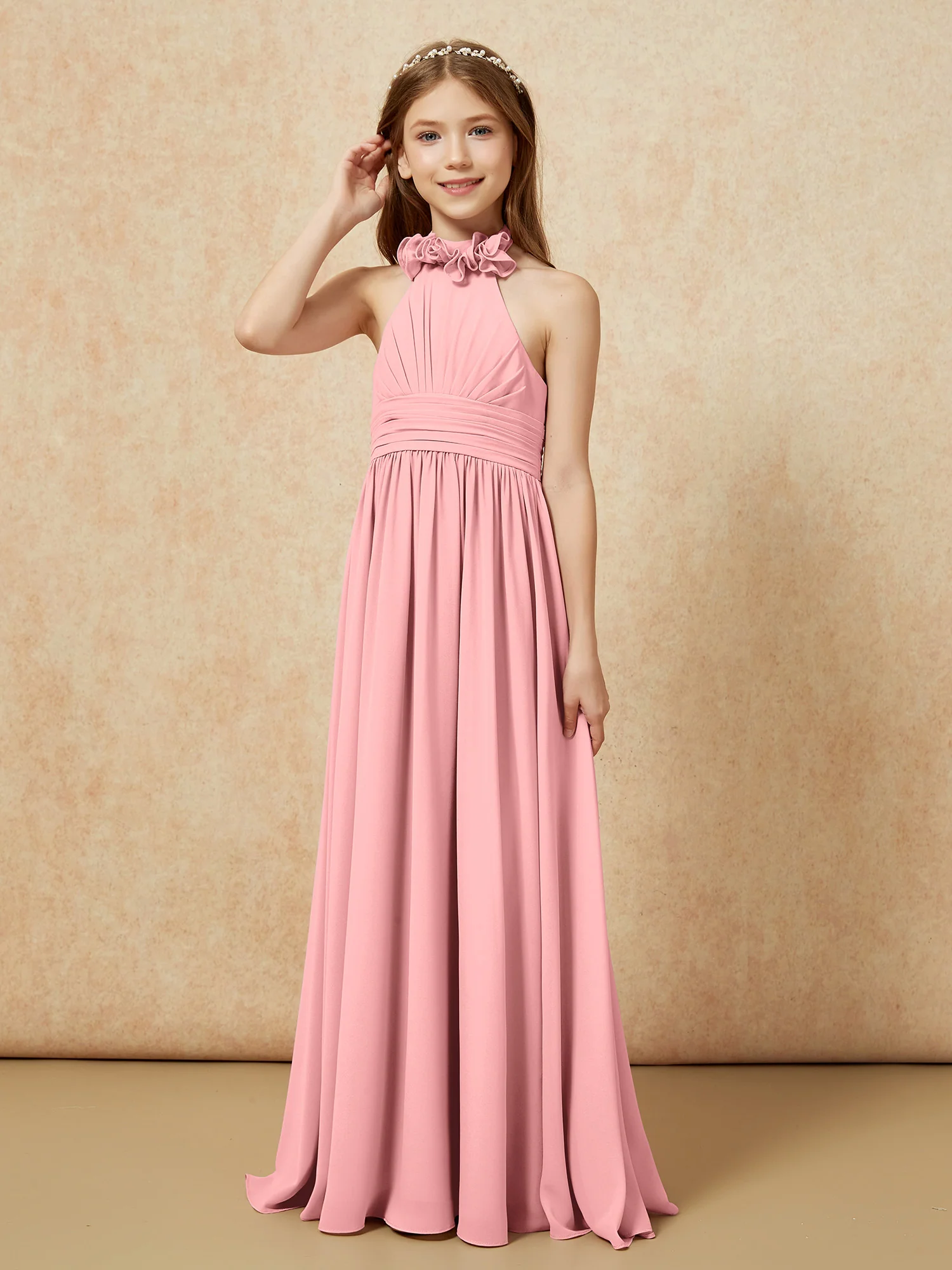 Halter Backless Chiffon Long Junior Bridesmaid Dress Flamingo - Image 3