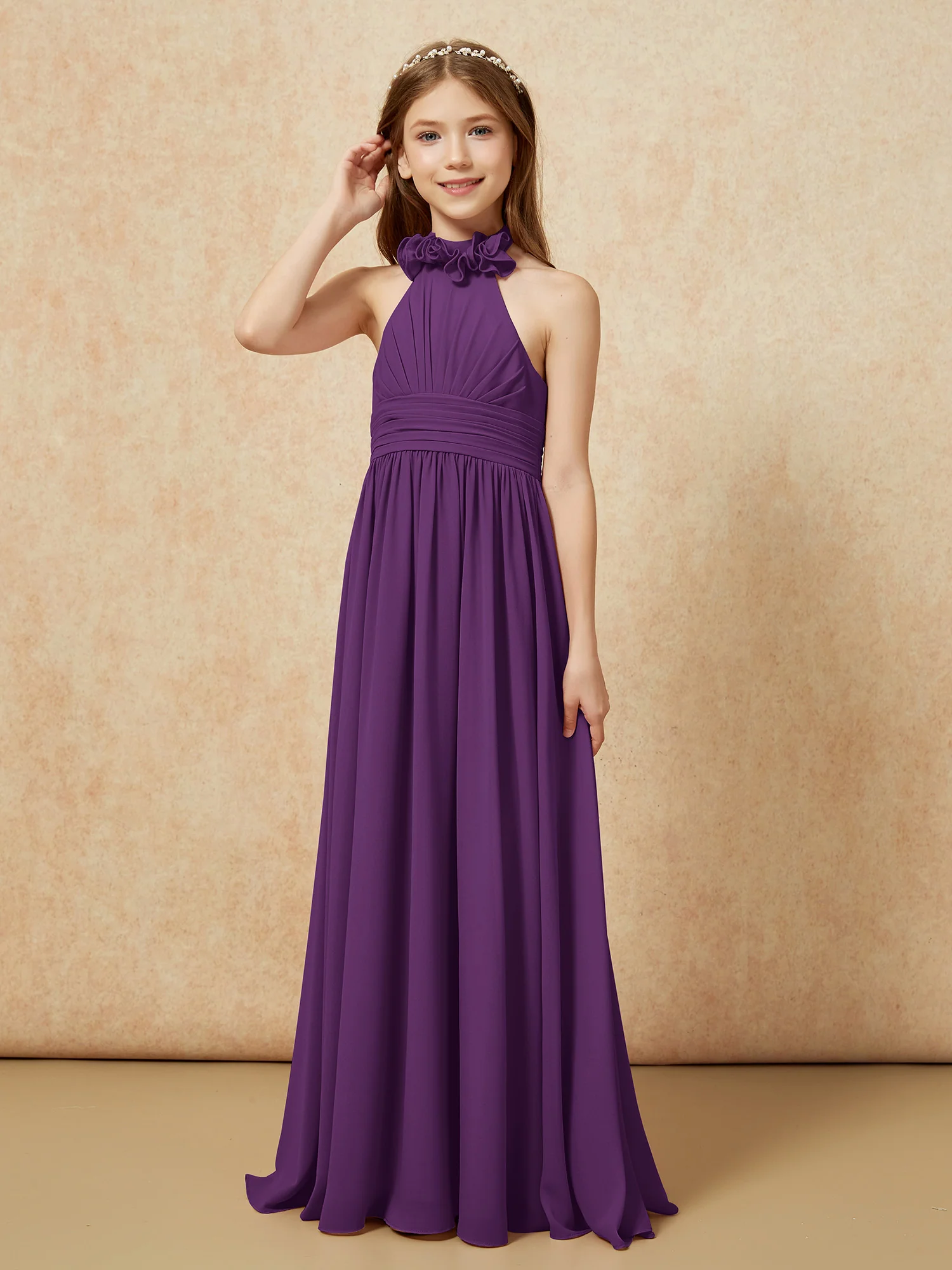Halter Backless Chiffon Long Junior Bridesmaid Dress Grape - Image 3