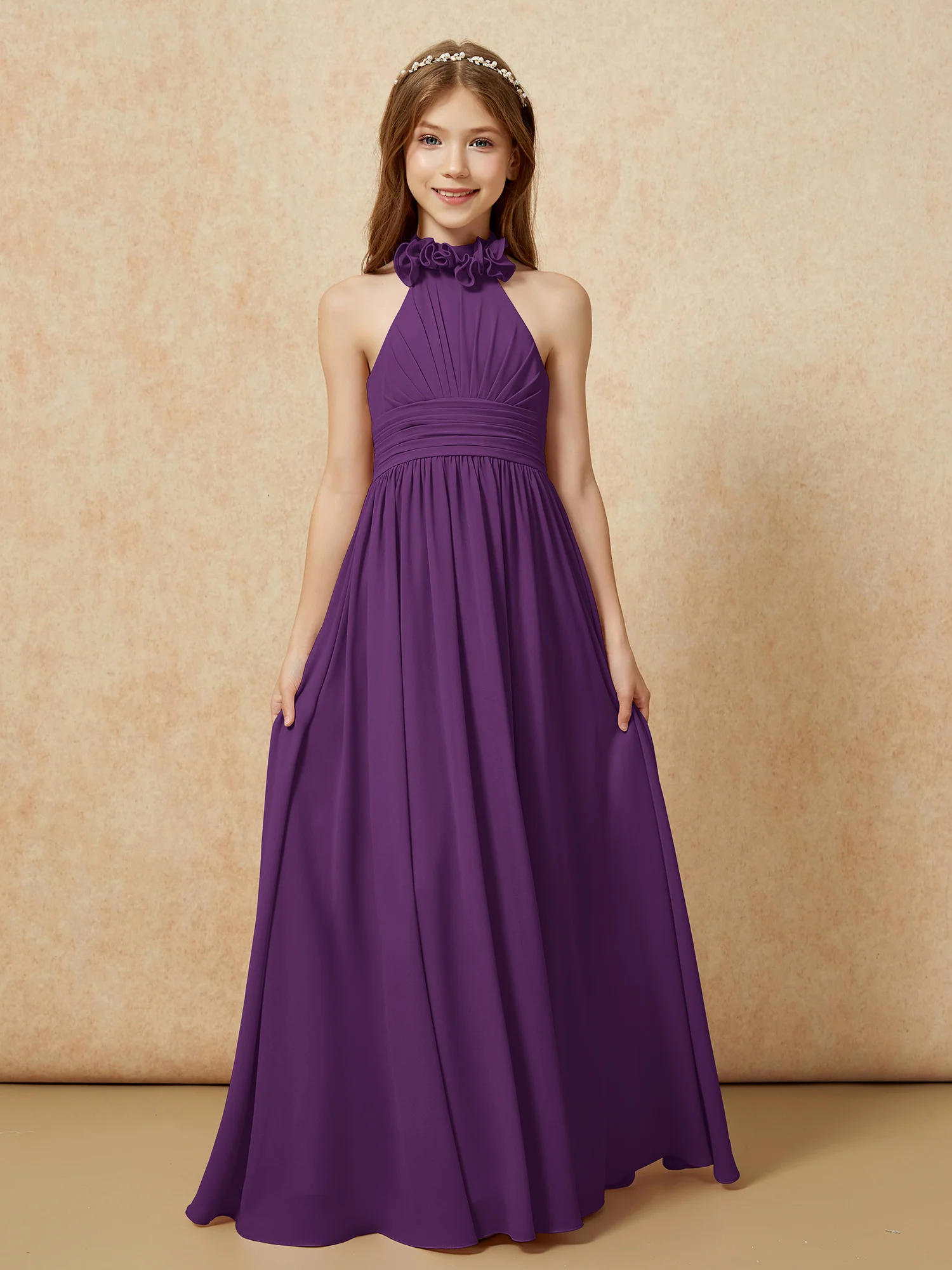 Halter Backless Chiffon Long Junior Bridesmaid Dress Grape - Image 4