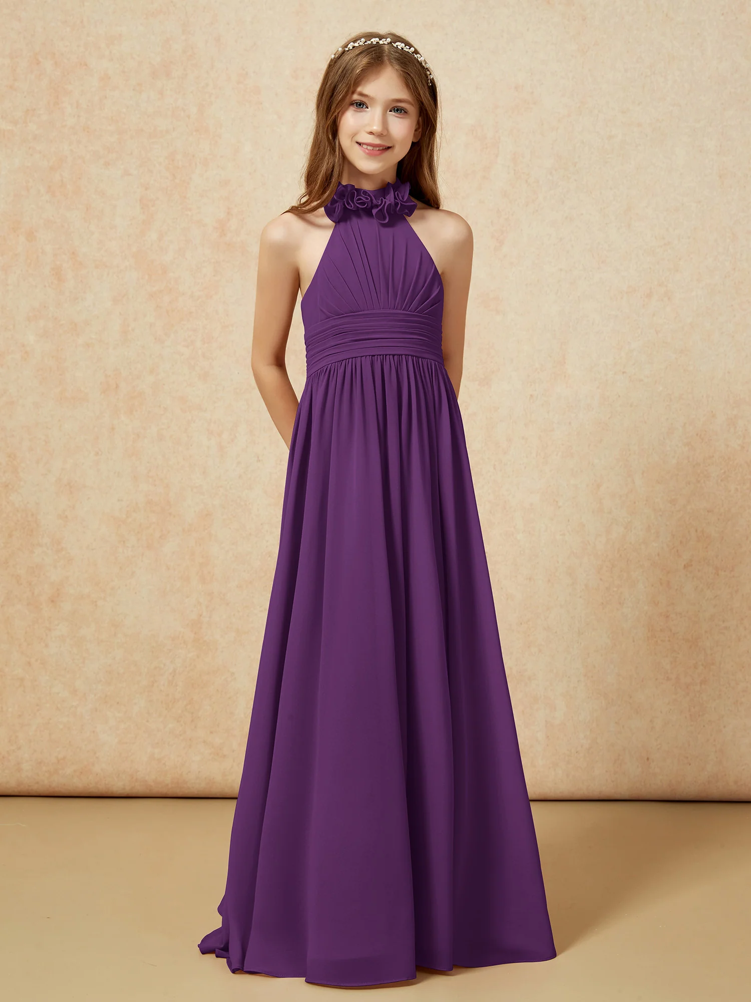 Halter Backless Chiffon Long Junior Bridesmaid Dress Grape - Image 5