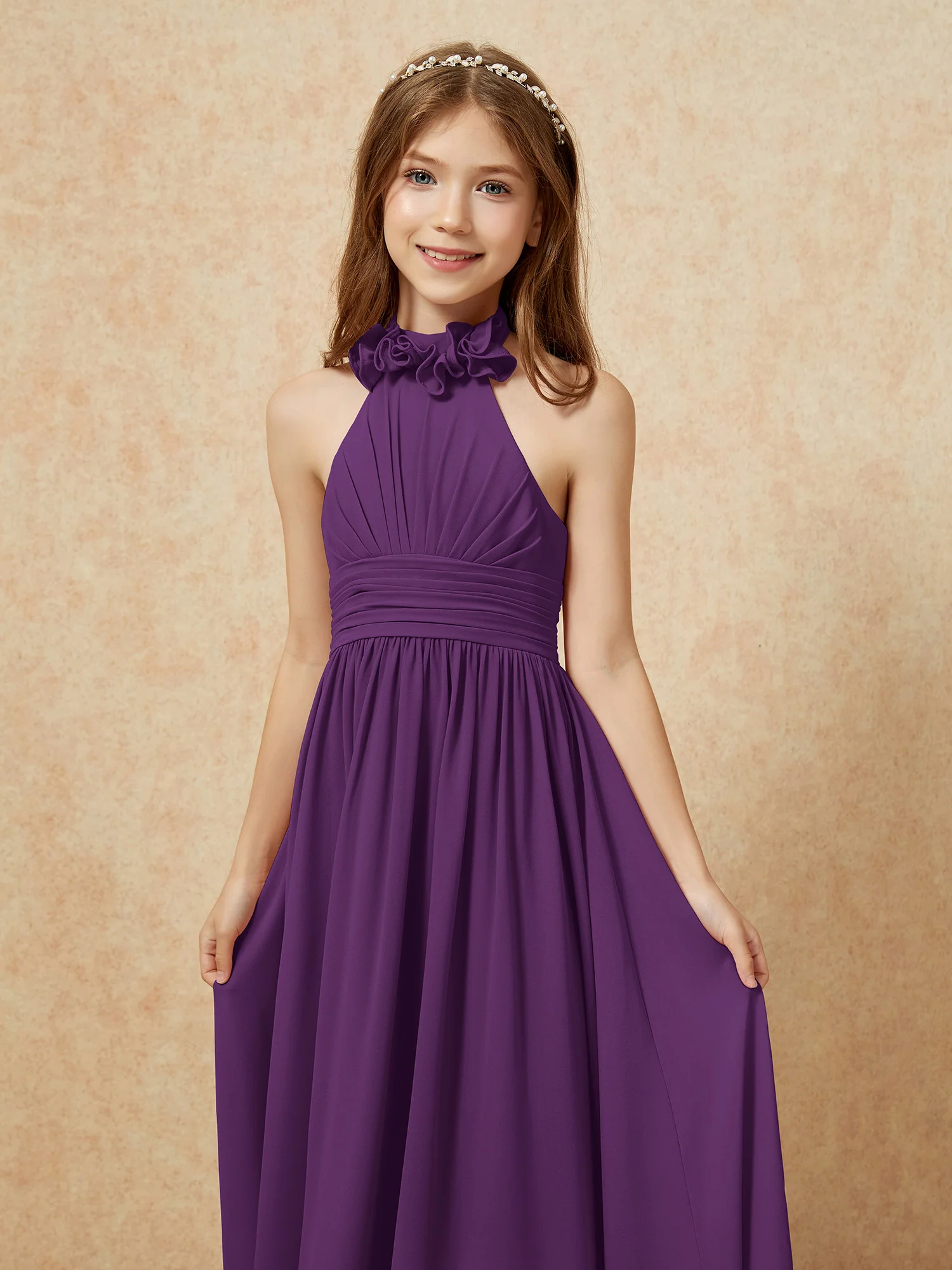Halter Backless Chiffon Long Junior Bridesmaid Dress Grape - Image 6