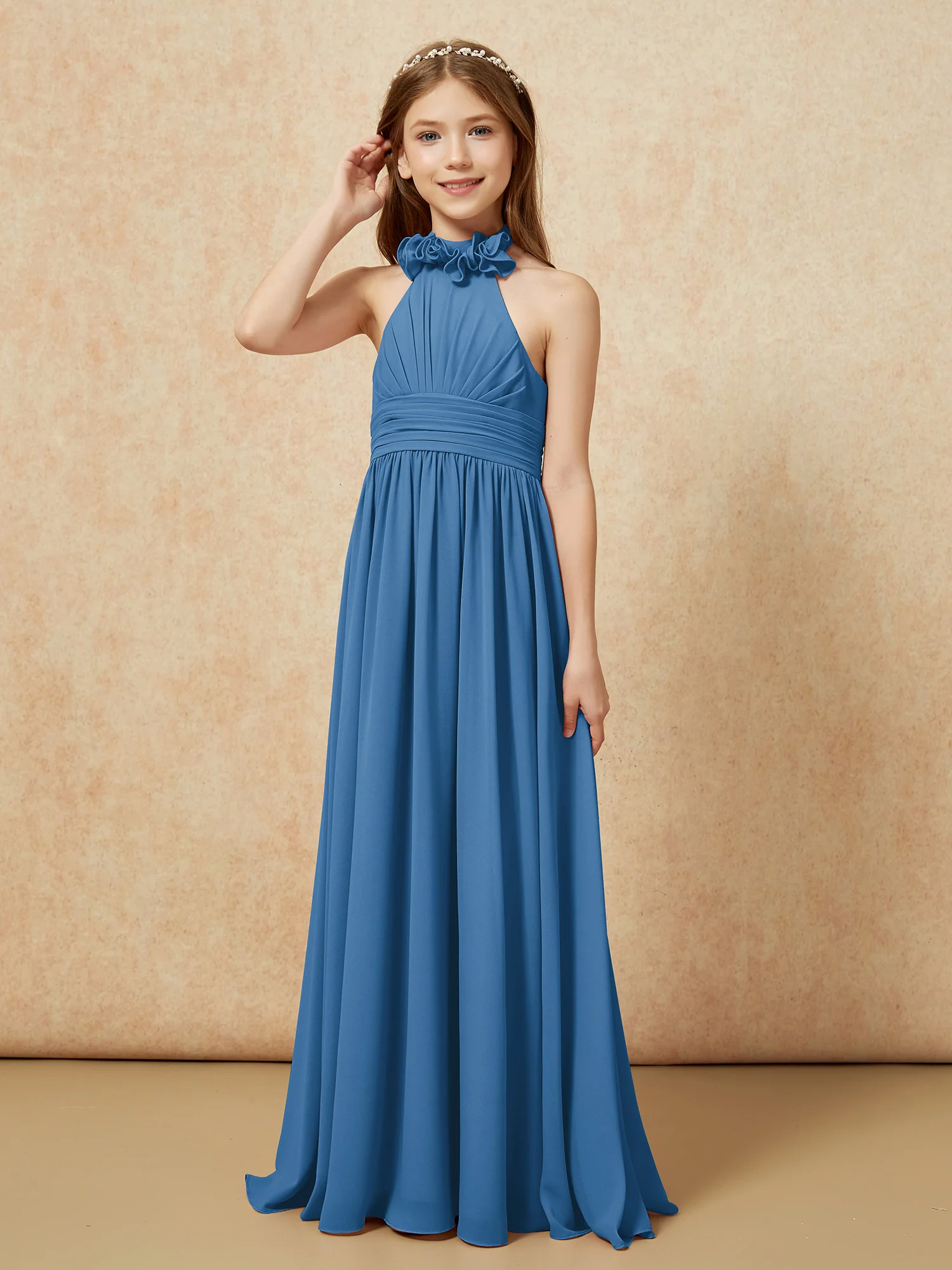Halter Backless Chiffon Long Junior Bridesmaid Dress Ink Blue - Image 3