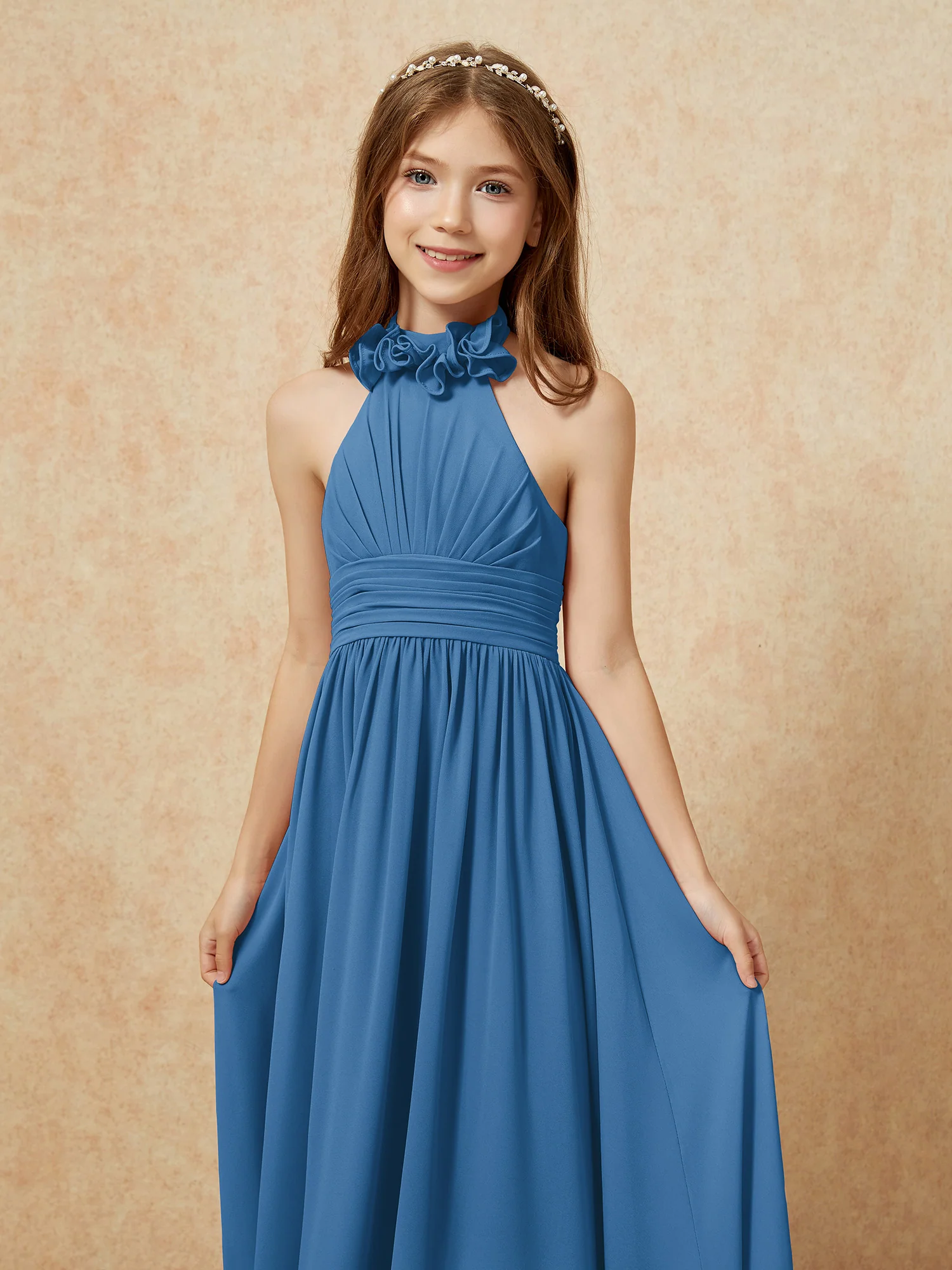 Halter Backless Chiffon Long Junior Bridesmaid Dress Ink Blue - Image 6
