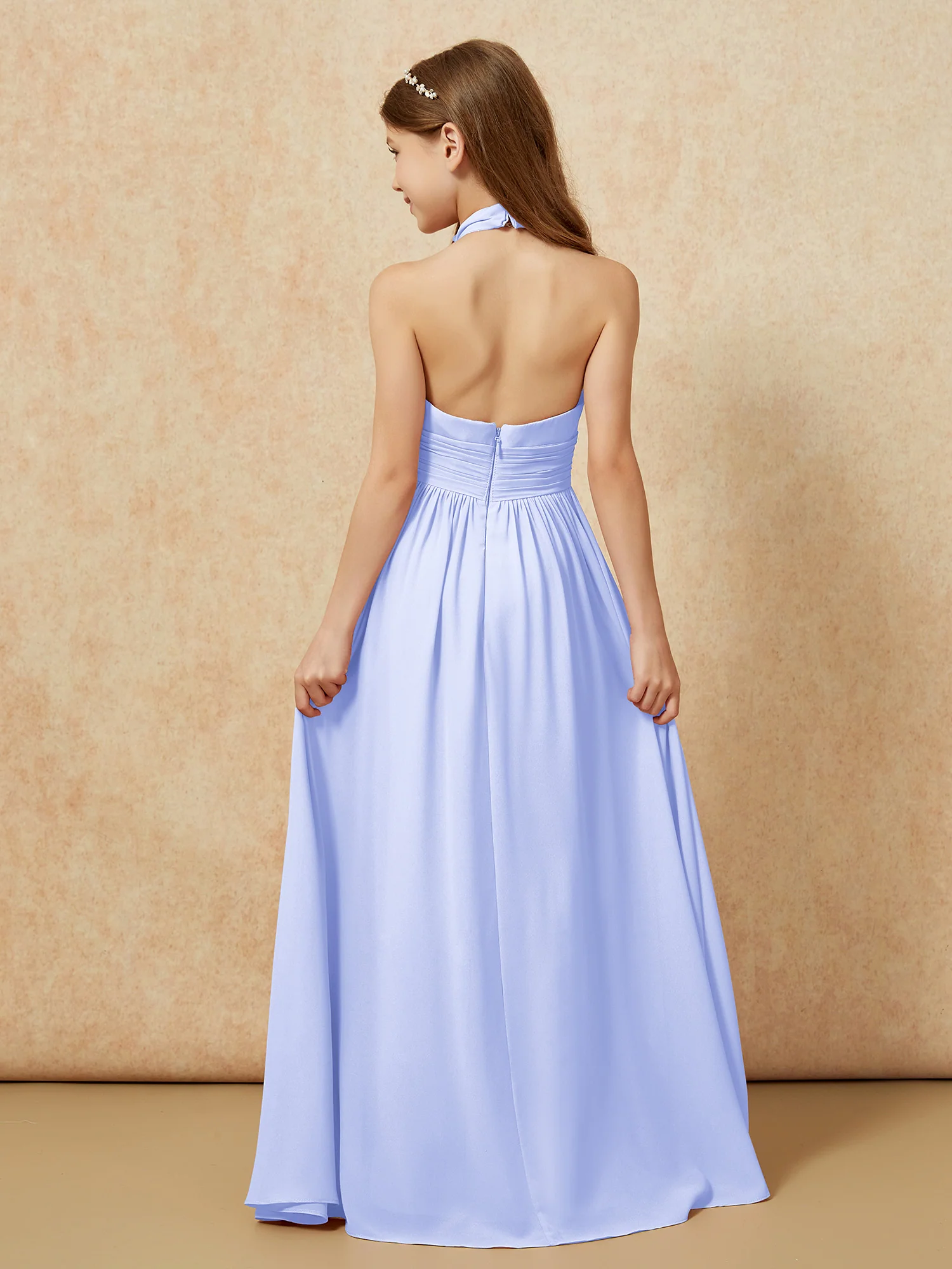 Halter Backless Chiffon Long Junior Bridesmaid Dress Lavender - Image 2