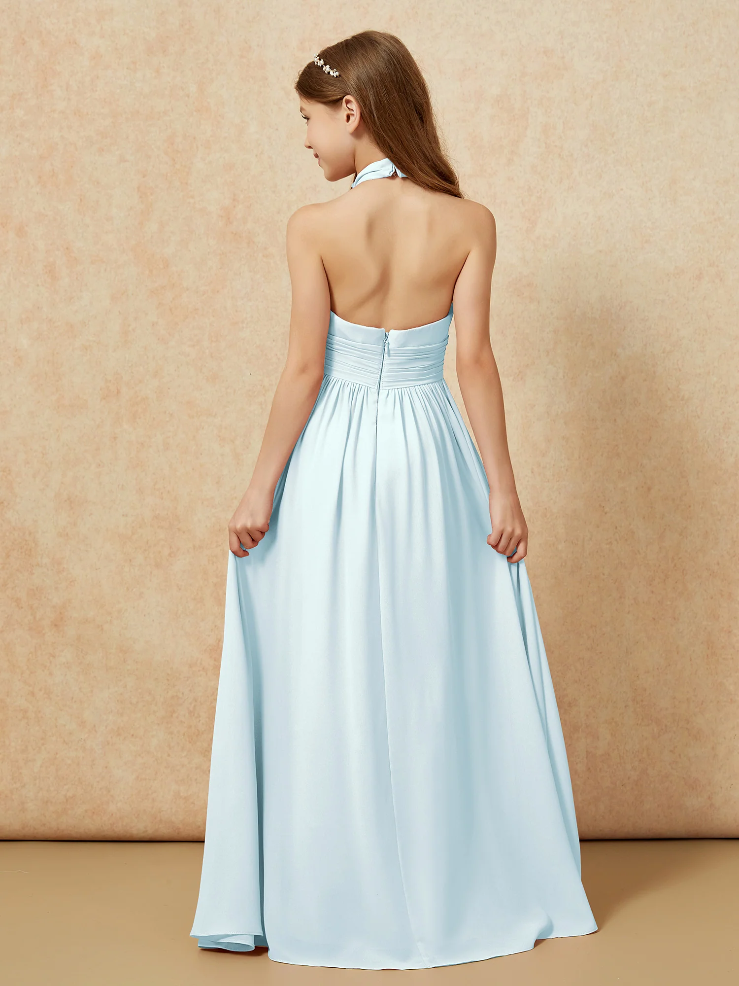 Halter Backless Chiffon Long Junior Bridesmaid Dress Mist - Image 2