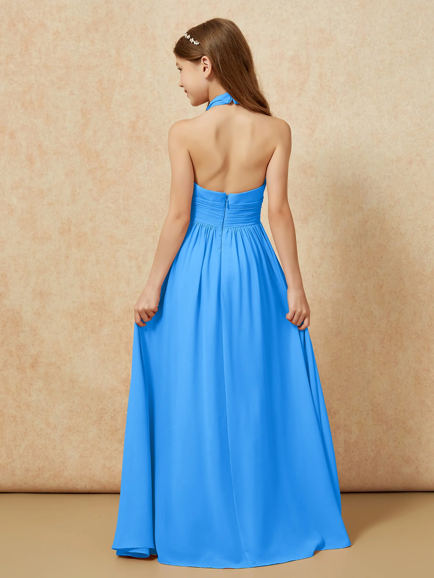 Halter Backless Chiffon Long Junior Bridesmaid Dress Ocean Blue - Image 2