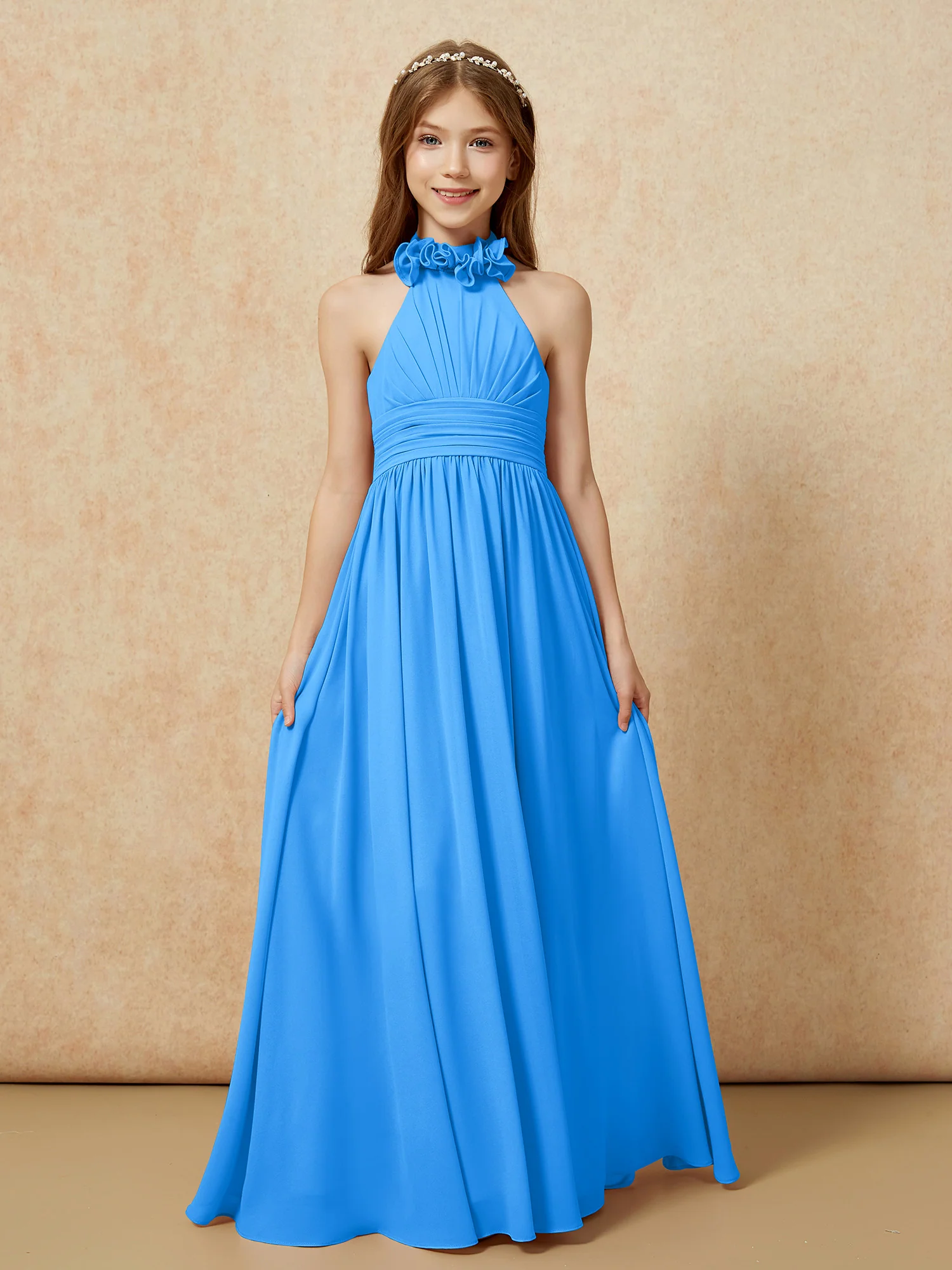Halter Backless Chiffon Long Junior Bridesmaid Dress Ocean Blue - Image 4