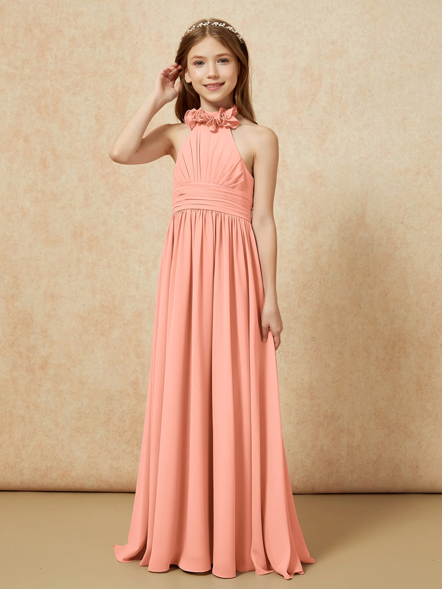 Halter Backless Chiffon Long Junior Bridesmaid Dress Papaya - Image 3