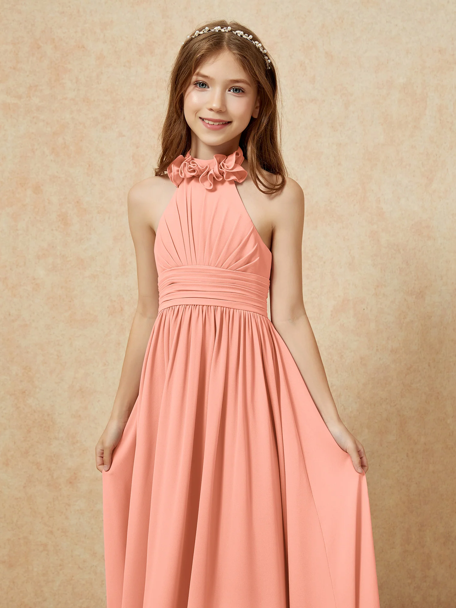 Halter Backless Chiffon Long Junior Bridesmaid Dress Papaya - Image 6