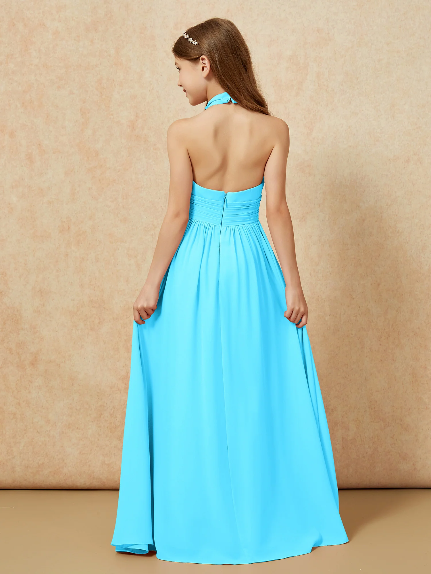 Halter Backless Chiffon Long Junior Bridesmaid Dress Pool - Image 2