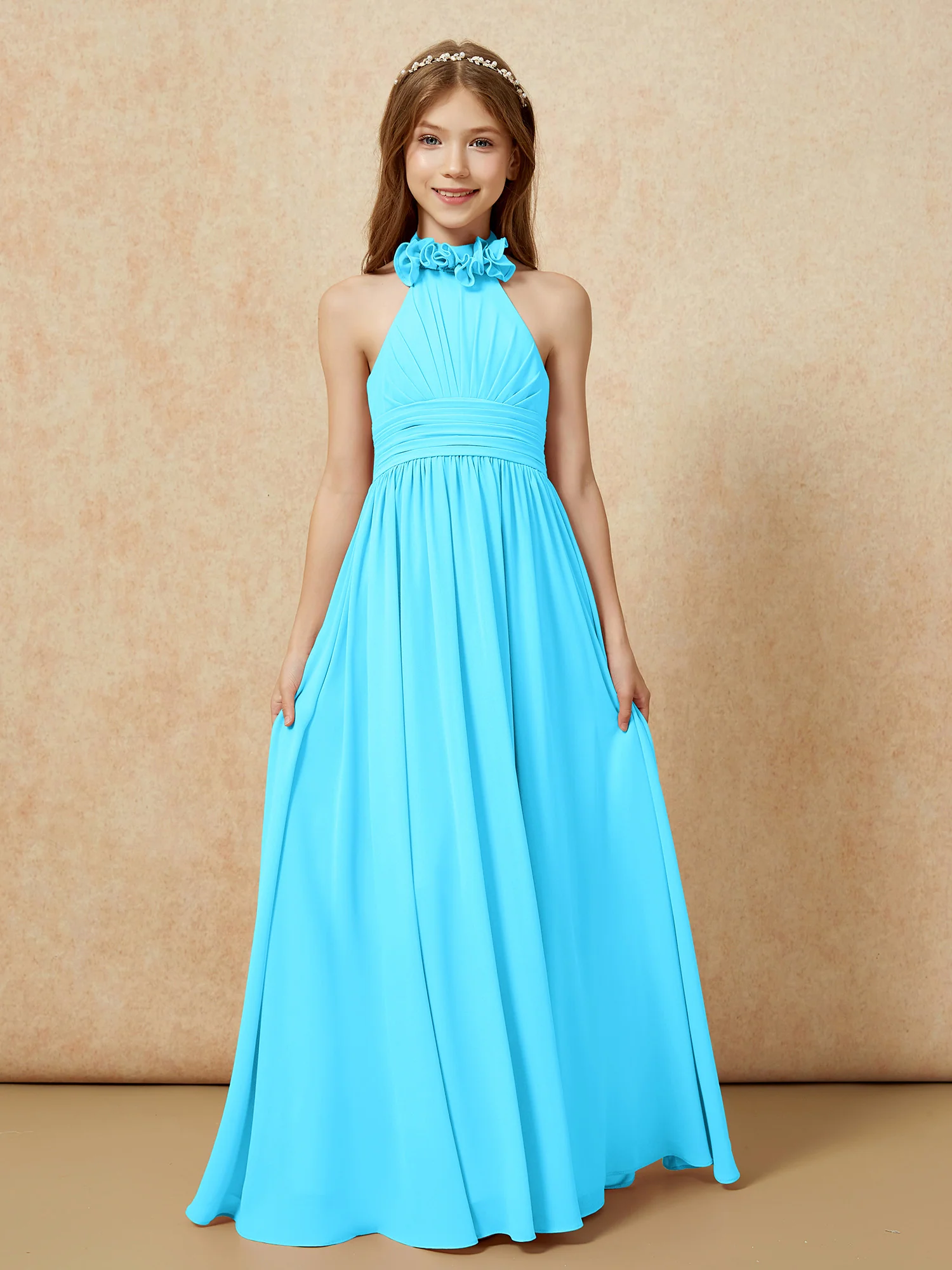 Halter Backless Chiffon Long Junior Bridesmaid Dress Pool - Image 4