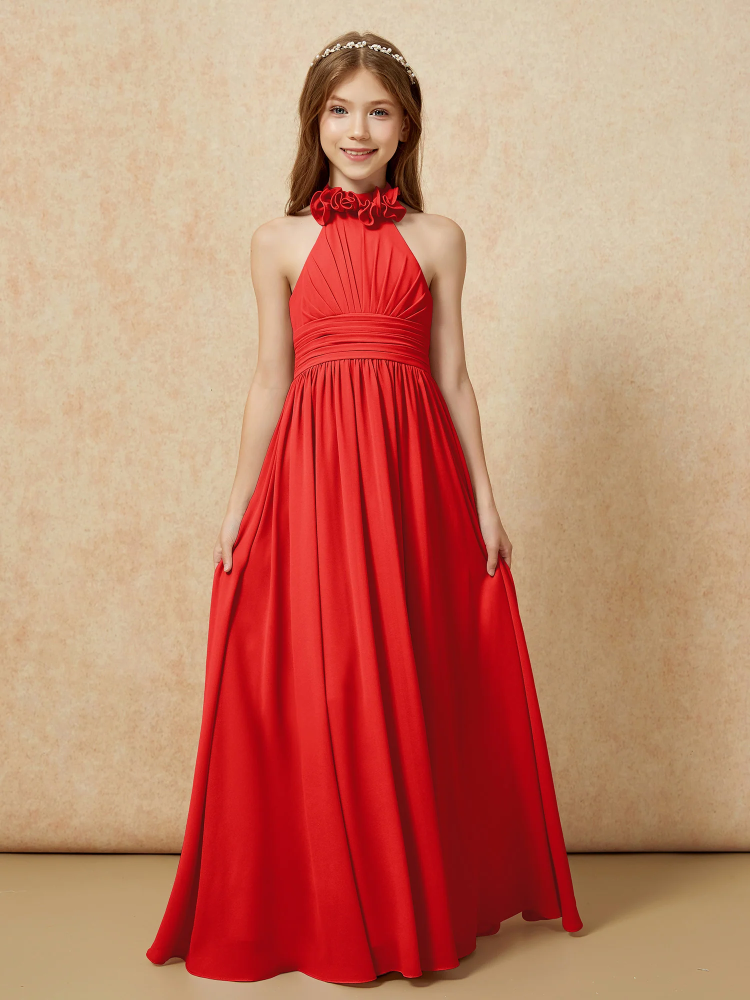 Halter Backless Chiffon Long Junior Bridesmaid Dress Red - Image 4