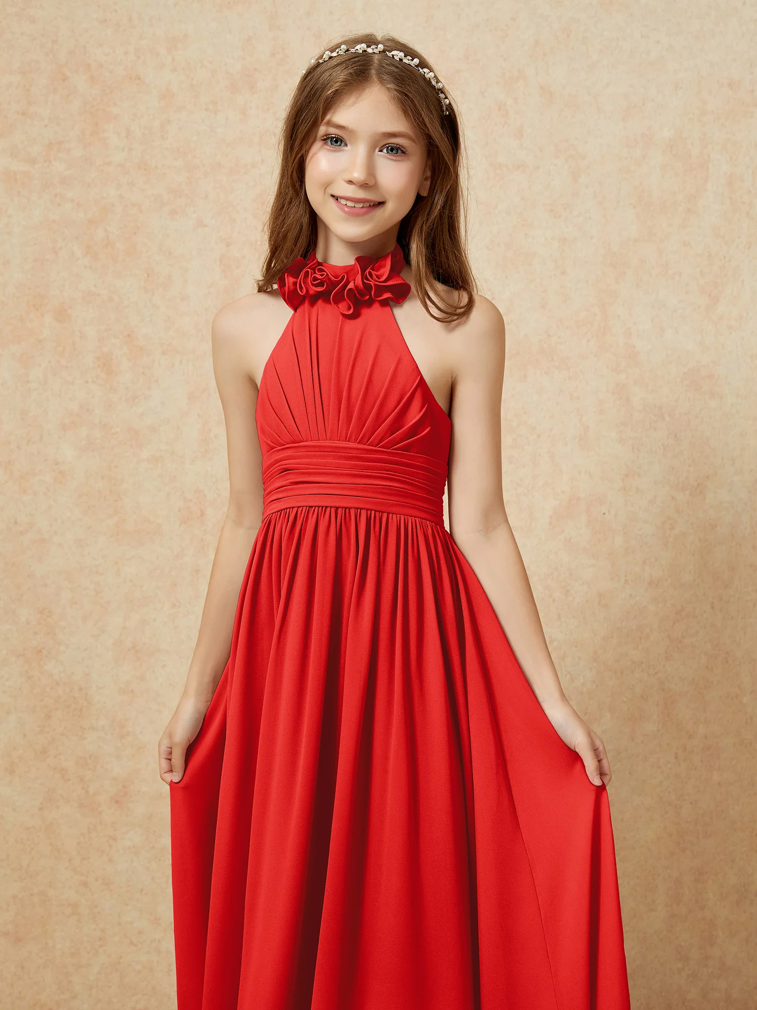 Halter Backless Chiffon Long Junior Bridesmaid Dress Red - Image 6